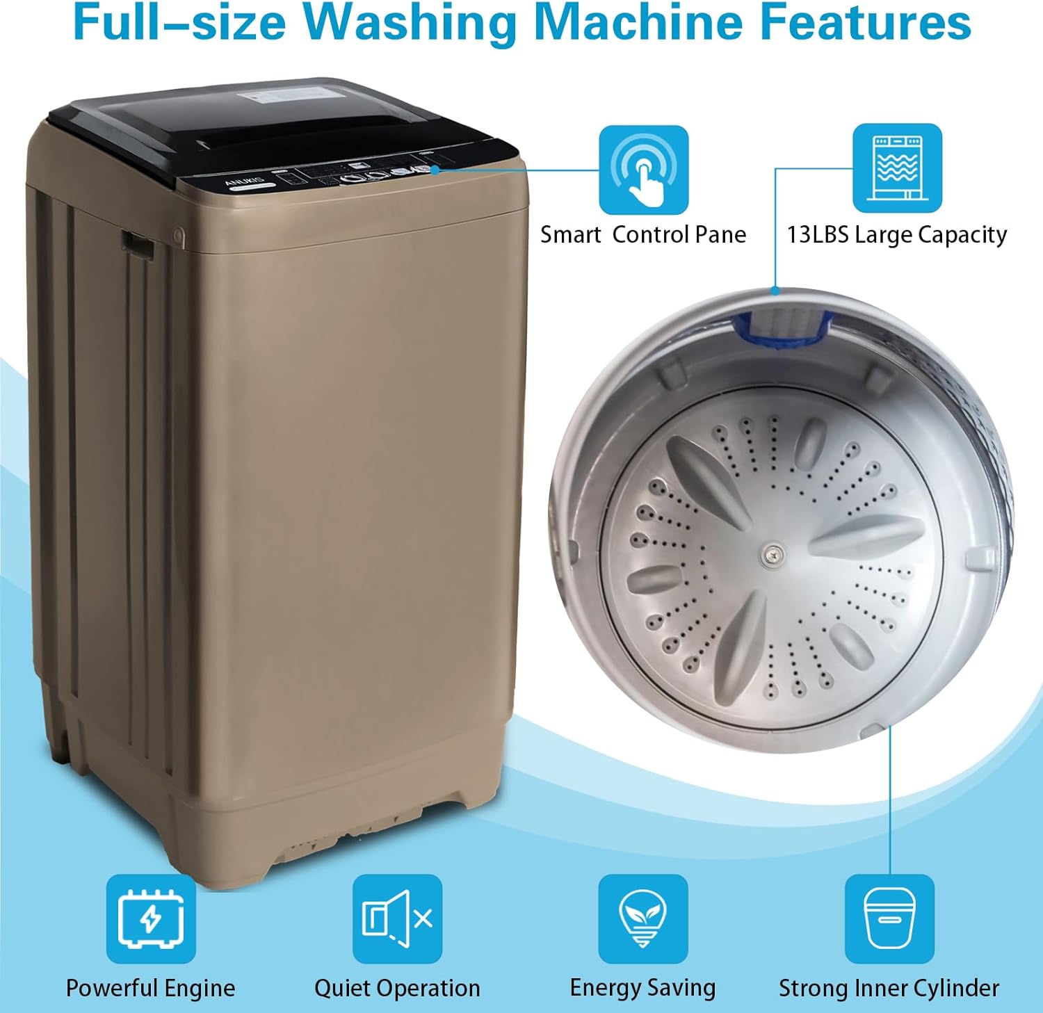 Anukis Fully Automatic Washing Machine, 13 lbs Capacity Compact Laundry Washer with Drain Pump 10 Wash Program & 8 Water Levels for Apartment, Dorm, RV, Gold