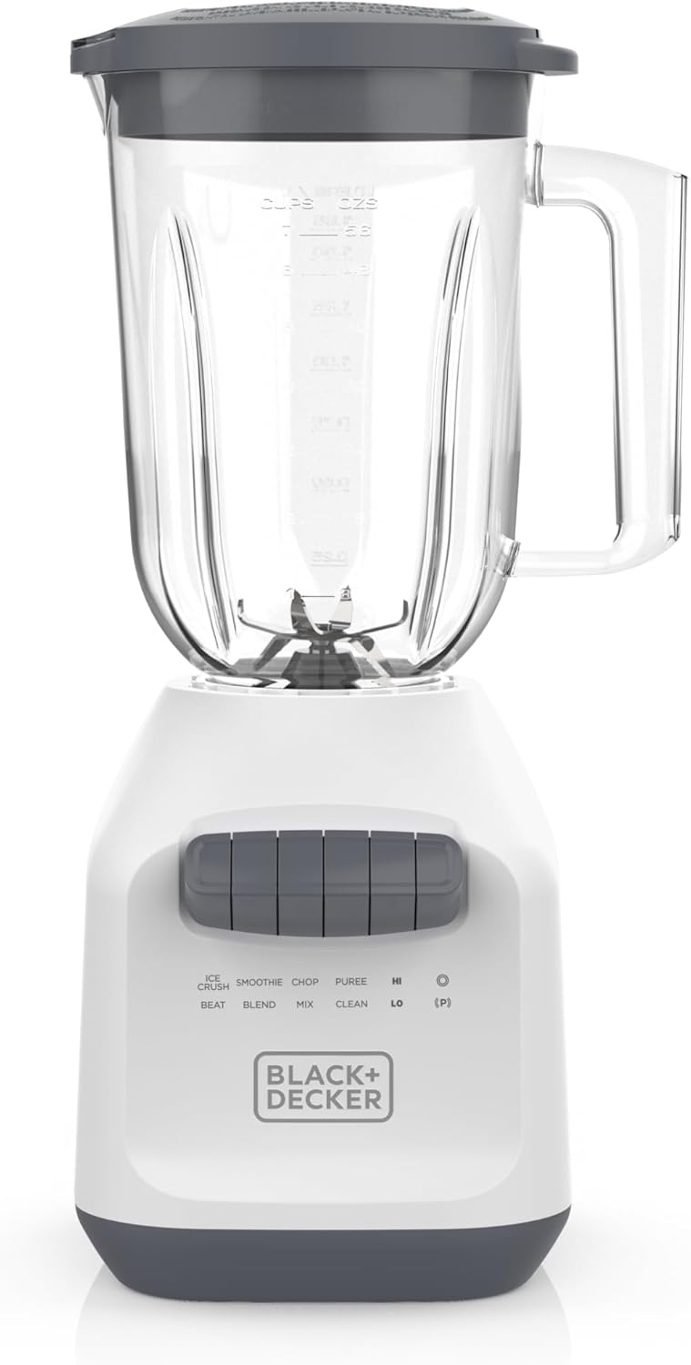 BLACK+DECKER 750W Ice Crushing Blender, 56oz PerfectPour Jar, 6-Tip Stainless Steel Blade, 8 Speeds + Pulse, White
