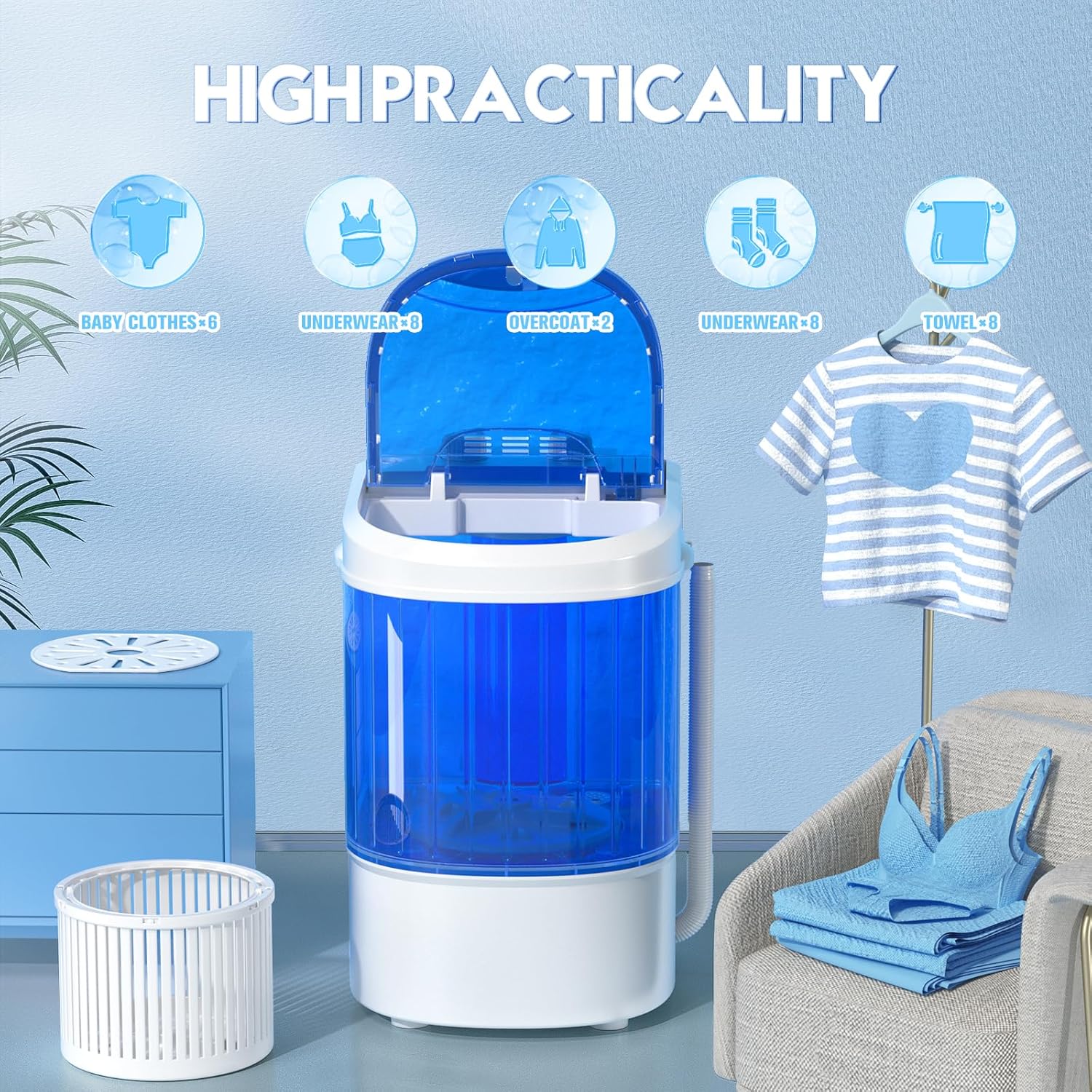 INTERGREAT Mini Portable Washing Machine, 6.6 Lbs Compact Mini Portable Washer, Single Tub Semi-Automatic Laundry Washer Machine for Apartments, Dorms, RV, Traveling, Blue