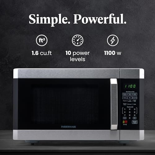 Farberware 1.6 Cu. Ft. Countertop Microwave Oven – 1100 Watts Power, Smart Sensor Auto Cook Settings, Defrost, Easy Clean and Child Safety Lock - Stainless