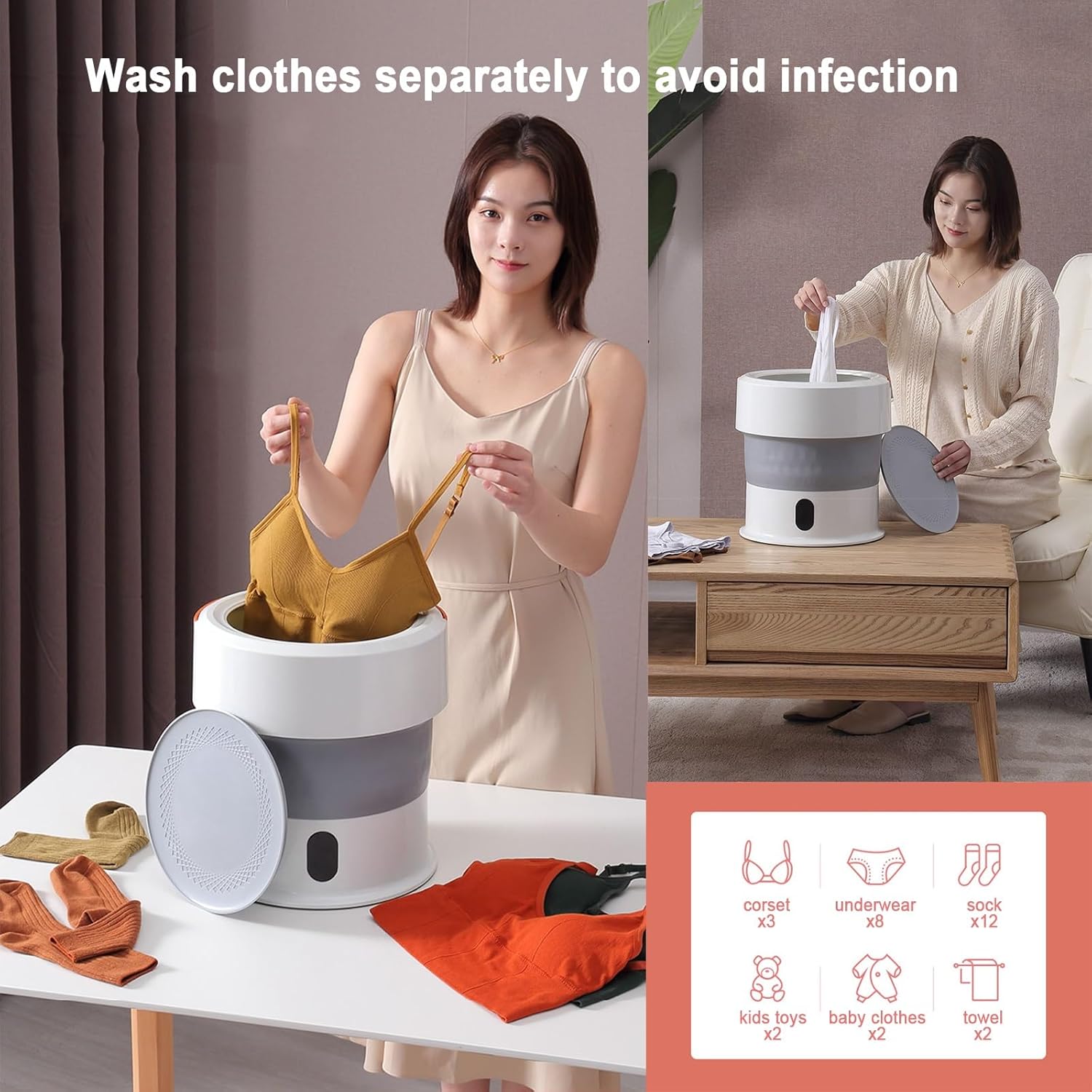 THAMBA 2023 Portable Washing Machine Folding Mini Washer Small Washer with 3 Modes Deep Cleaning Half Automatic Washer (Color : Gold, Size : Medium)