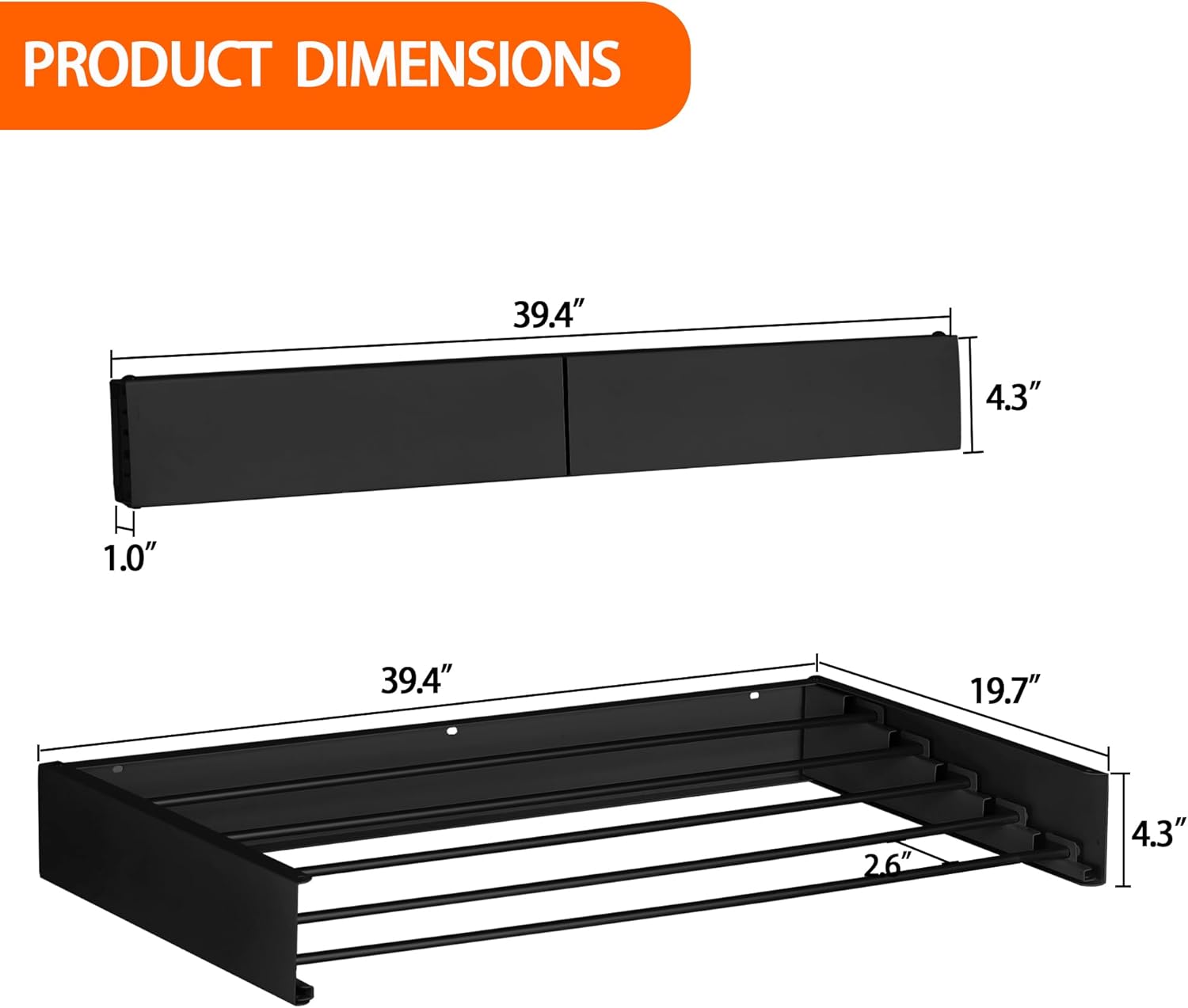 FOCHIER F Laundry Drying Rack Wall Mounted Clothes Drying Rack Collapsible with 5 Aluminum Rods and Drilling Template Long Screwdriver Bit 60 lbs Capacity (Black, 40
