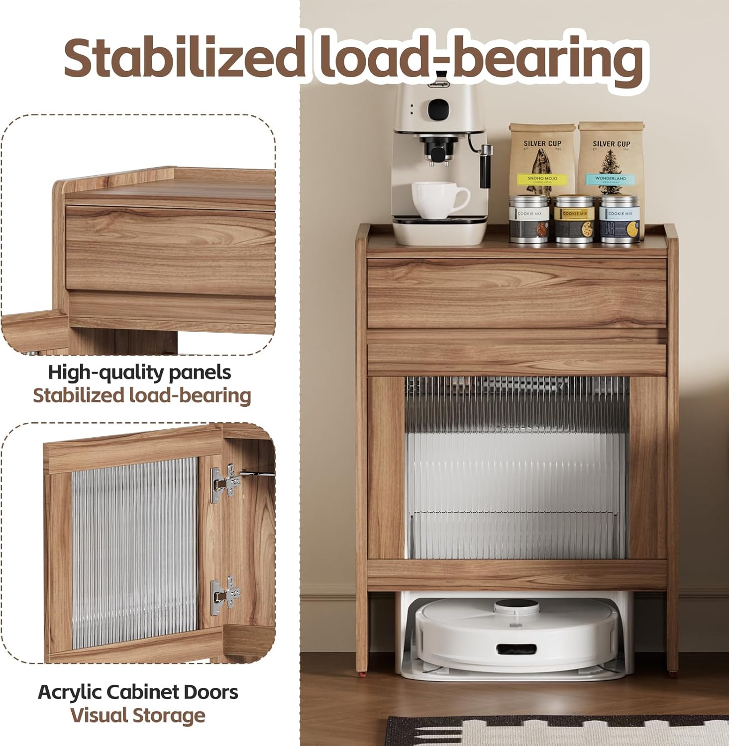 PAKASEPT Mobile Robot Vacuum Storage Cabinet Side Table, Multi Tier End Cabinet with Wheels for Living Room Kitchen