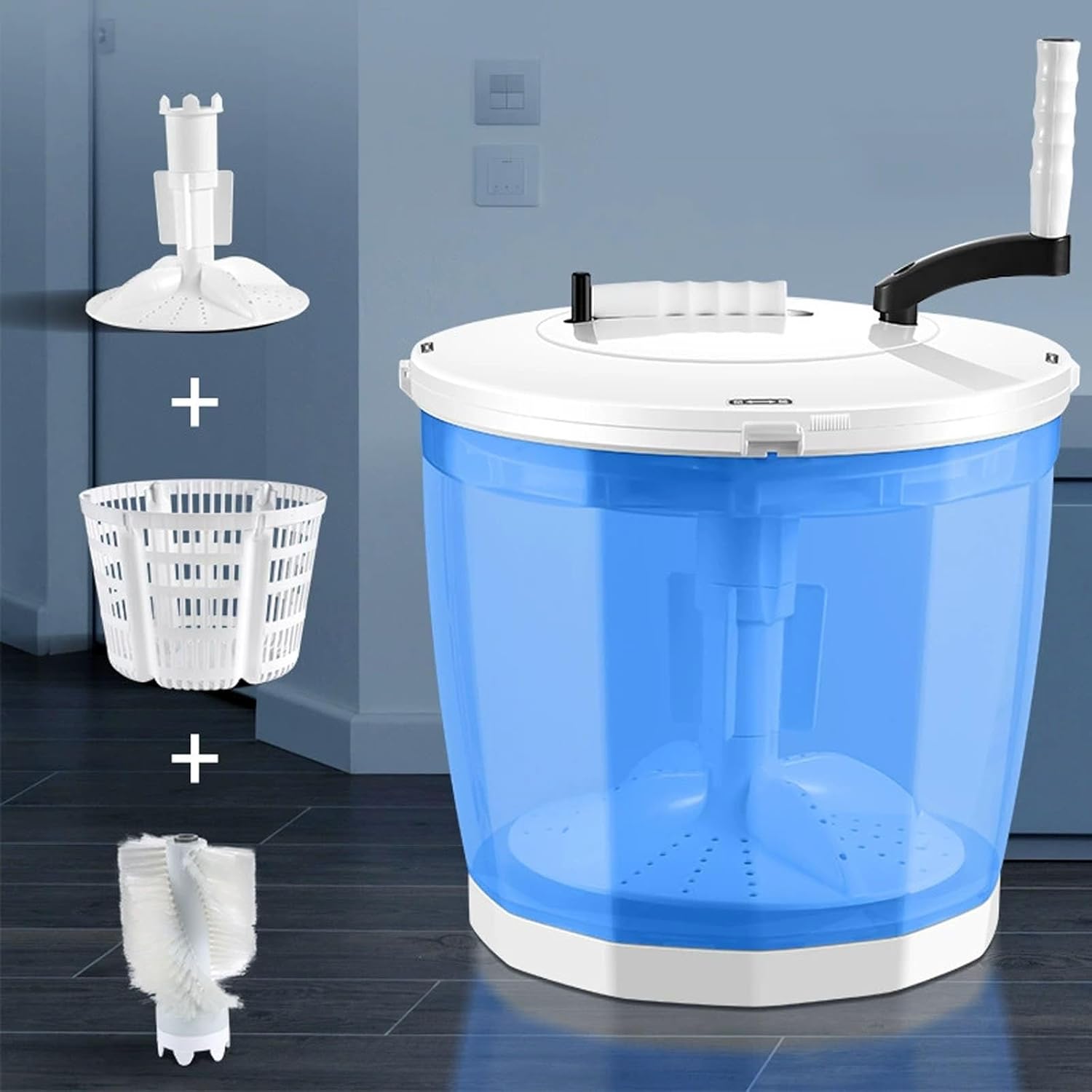 Portable Hand-cranked Manual Clothes Non-electric Washing Machine with Rotating Rocker, Mini Manual Portable Washing Dryer Machine, for Camping Apartments RV(Blue)