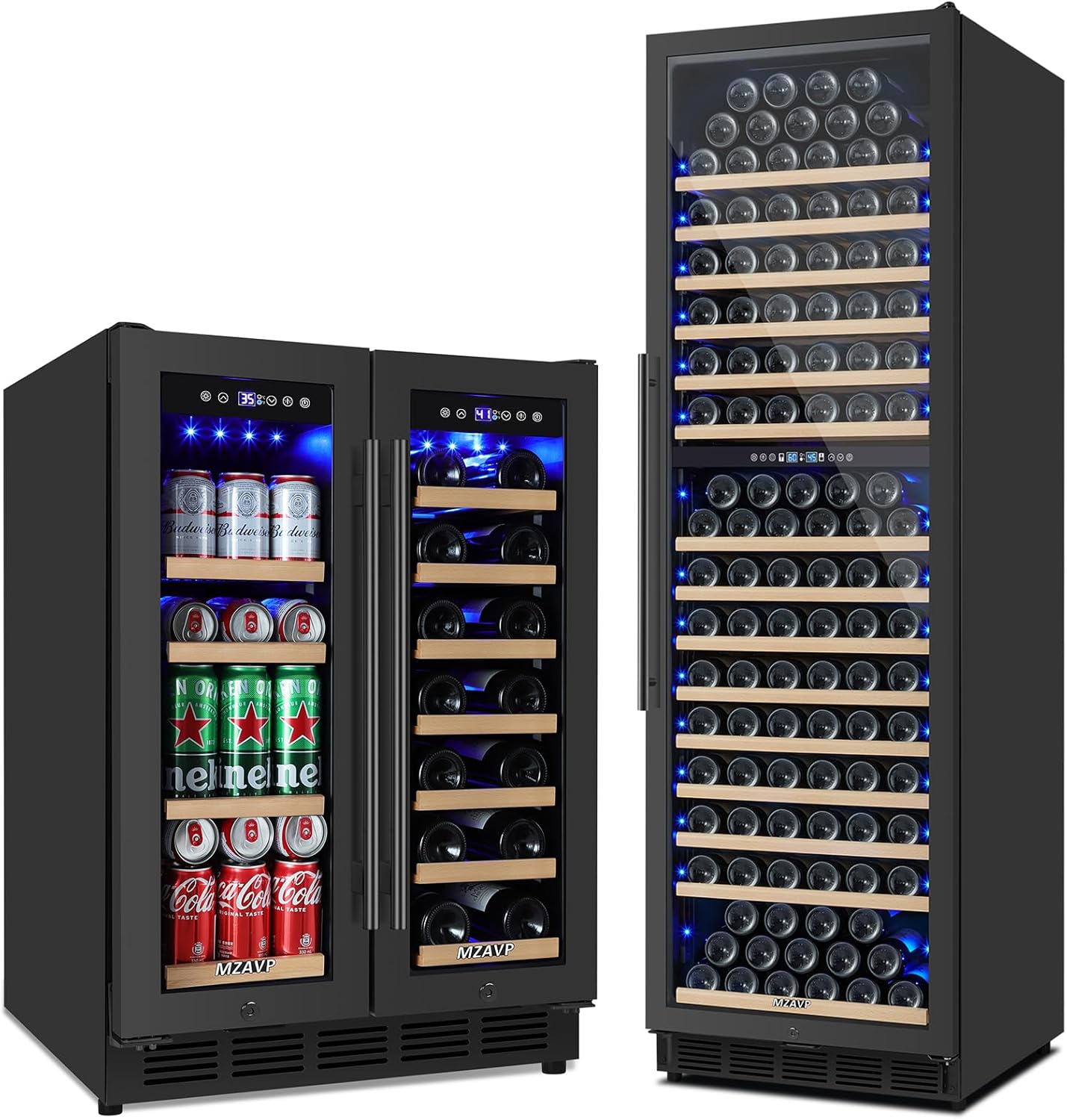24 Inch Wine Fridge & 24 Inch Wine and Beverage Refrigerator with Upgraded Compressor, Intelligent Temperature Memory, Freestanding or Built-In Dual Zone Wine Cooler Black