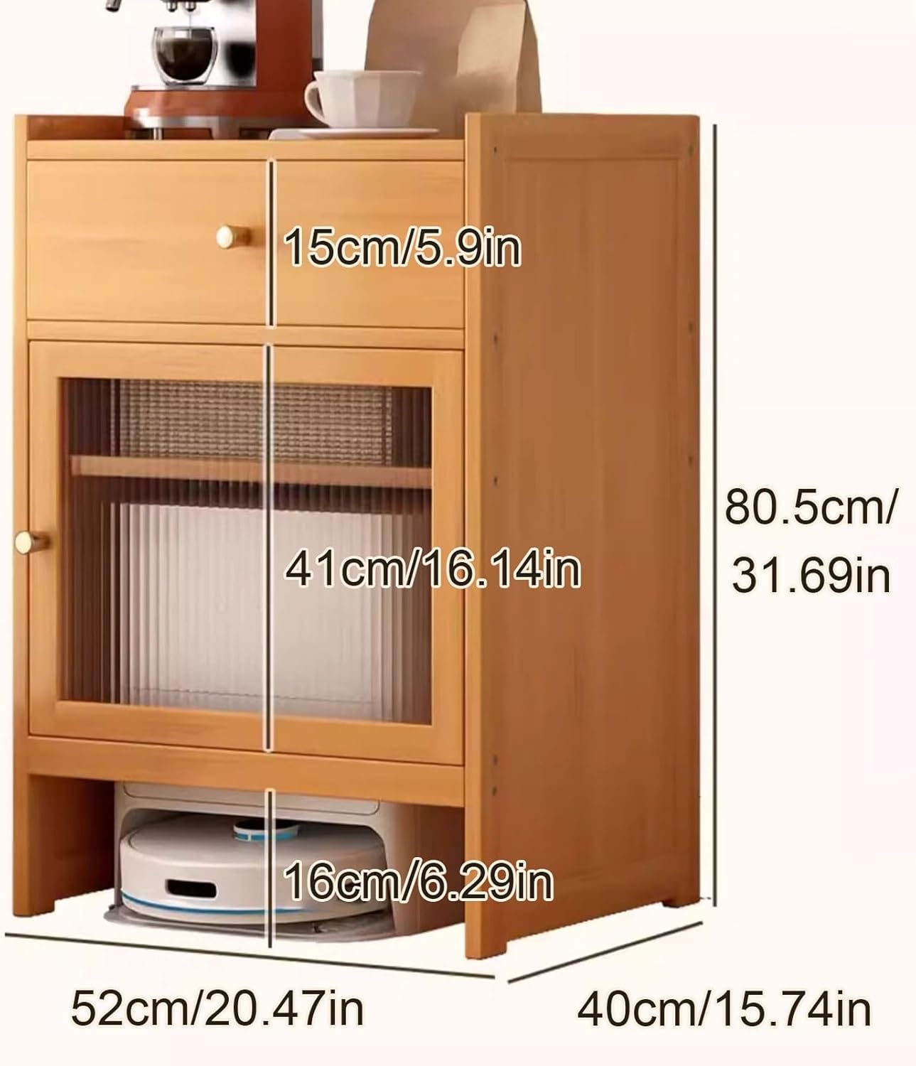Wood Organizer Stand for Robotic Vacuum Robot Vacuum Stand Cabinet 2-Door Design with Drawers and Glass Doors Removable Shelves Office Storage Cabinet(Natural)