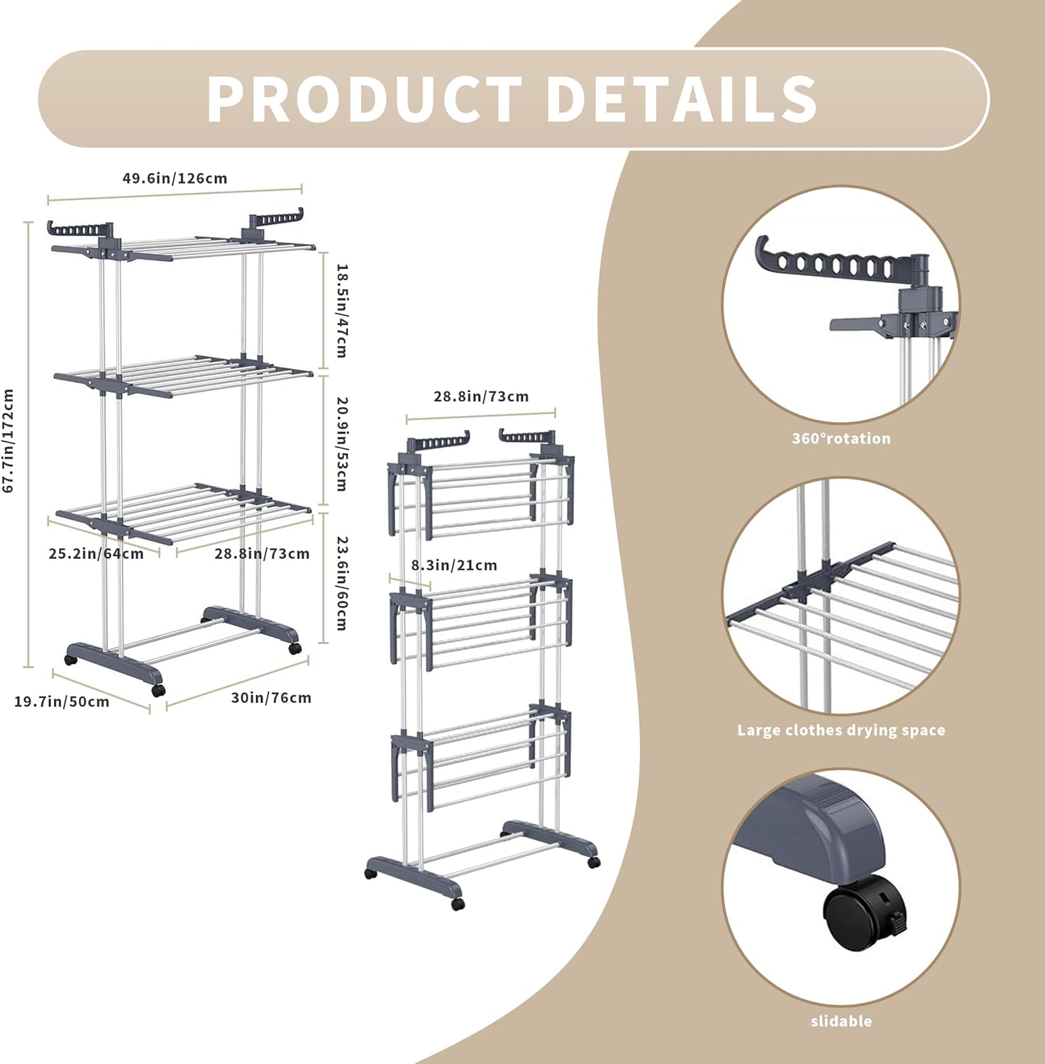 3-Tier Foldable Clothes Drying Rack with Wheels, 77 lb Capacity, Gray