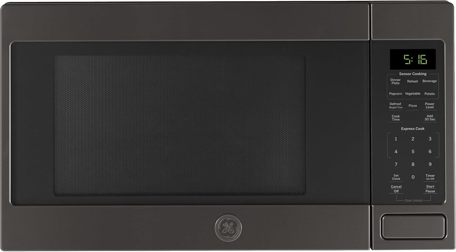 GE Countertop Microwave Oven, 1,150-watt Capacity, 1.6 Cubic Ft., 8 Auto Setting Cooking Settings, Child-Lock Technology, Kitchen Essentials for the Countertop, Dorm Room or Apartment, Black Stainless