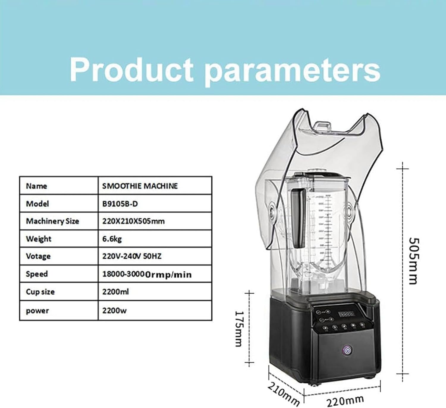 Commercial Stand Mixer, 2.2L Electric Blender Smoothie Maker with 110V-240V 18000-30000RPM Capacity Soundproof Hood 5 Presets for Kitchen Milk Tea Coffee Dessert Leisure Shop