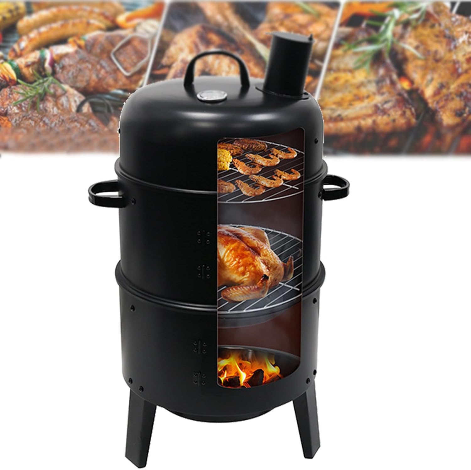 Charcoal BBQ Smoker, Outdoor Grill Cooker with Built-in Thermometer and Chimney, Vertical Smoker, Charcoal Grill, 2 Access Doors Smoker Grill For Outdoor Backyard Cooking Grilling Picnics