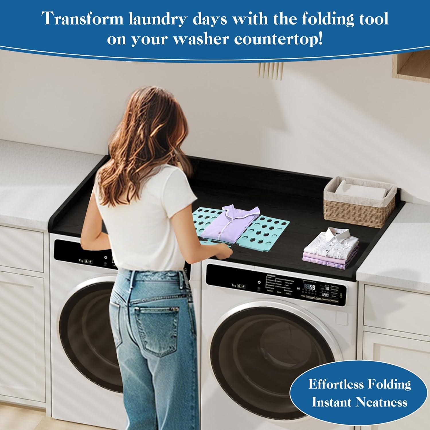 Washer Dryer Countertop, Laundry Countertop Over Wooden Washer and Dryer for The Top with Non-Slip Pads, Laundry Hamper Counter Storage Organization 54