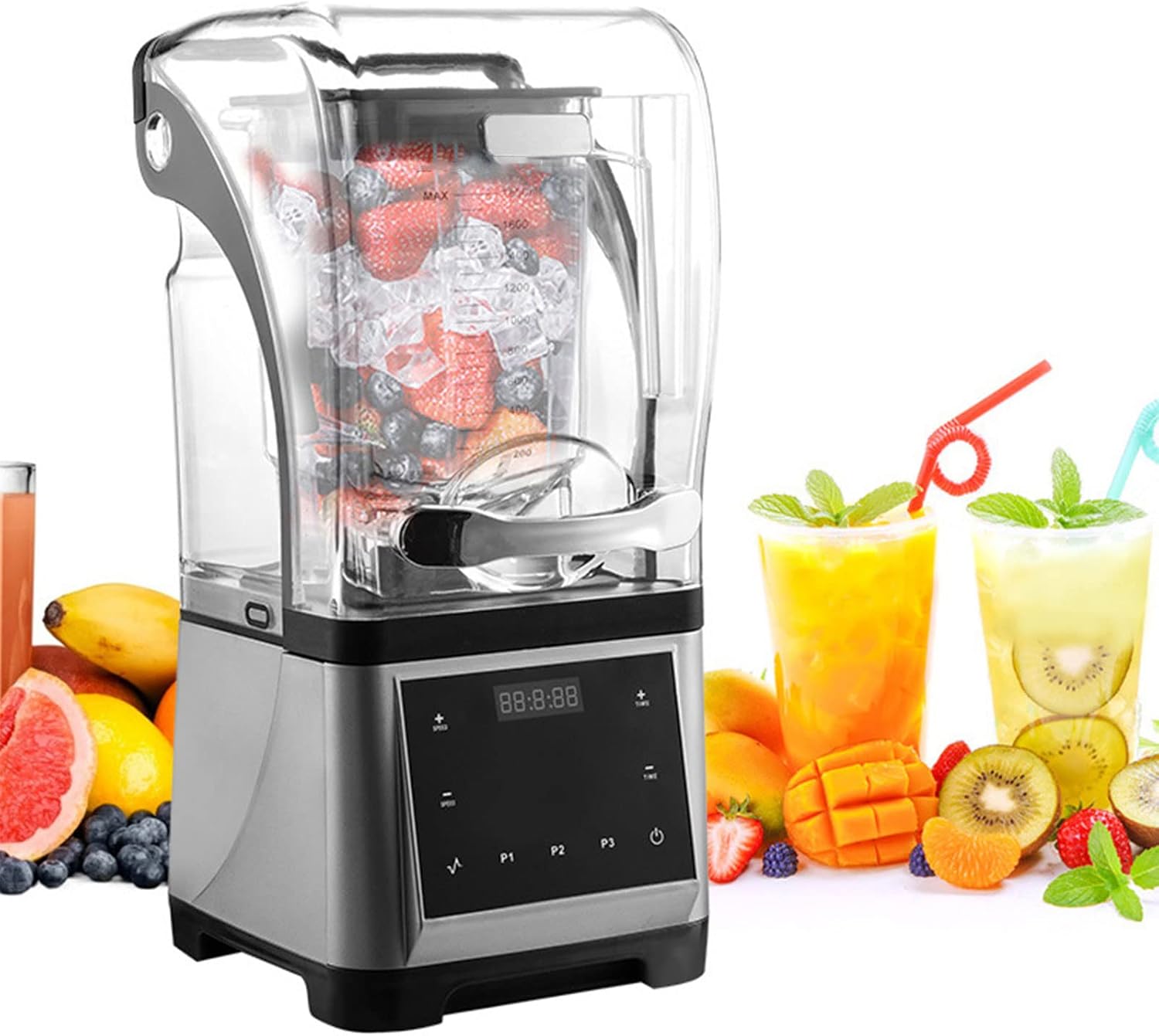 Commercial Blender 60oz Soundproof Quiet Smoothie Blender 1800w High Power with Removable Shield Touch Screen Professional for Shakes, Ice, Juices, Tea with Milk