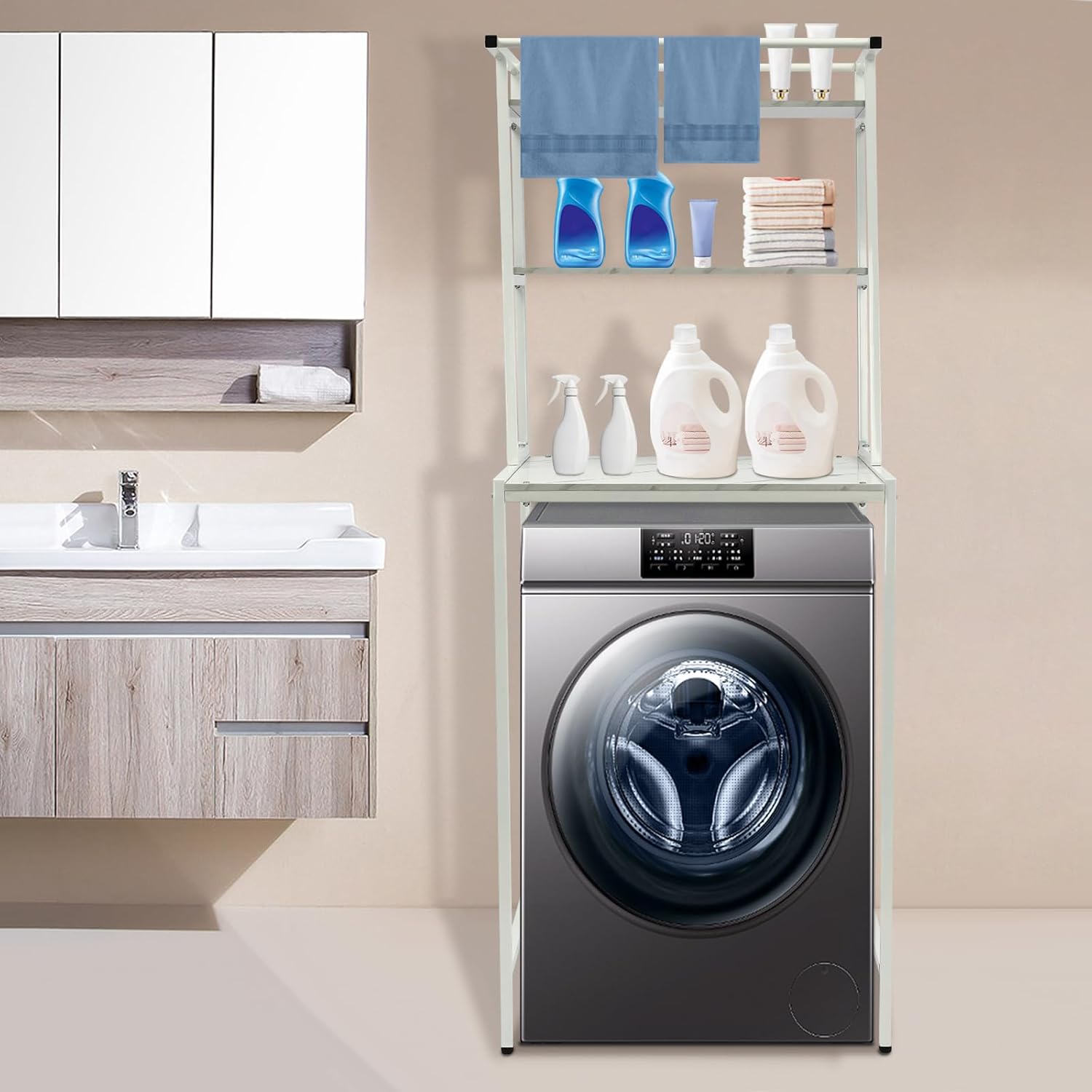 Washer and Dryer Storage Rack, 3 Tiers Laundry Room Storage and Organizer Standing Shelf, for Bathroom Bedroom Balcony Drying Rack Towel Rack Handbag Rack (White+Marble)