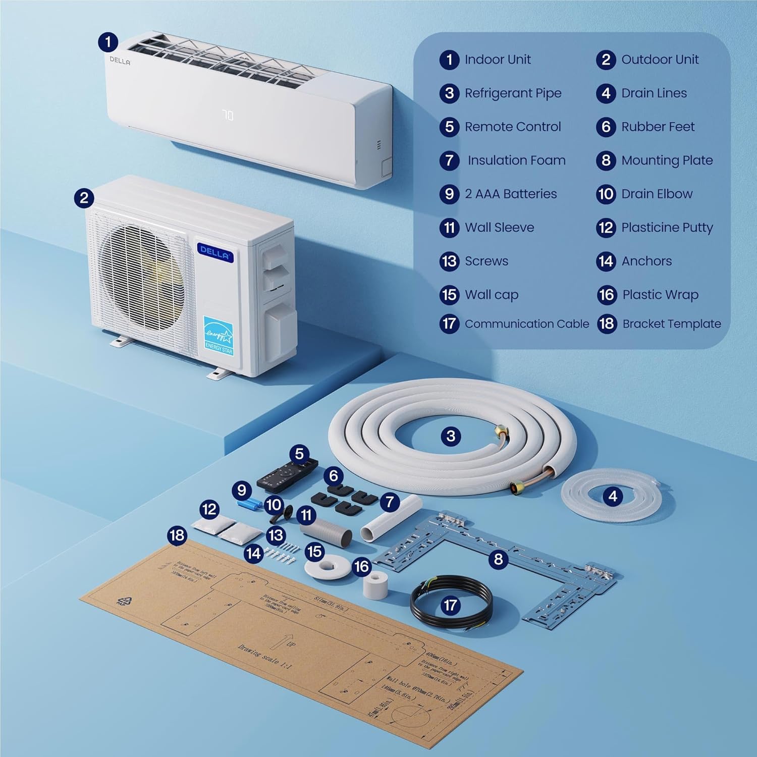 DELLA Vario Series 9000 BTU Mini Split Air Conditioner,Work with Alexa and Wifi, 230V 20 SEER2, Energy Star, Cools Up to 400 Sq.Ft, Ductless Inverter System,0.75 Ton Pre-Charged Heat Pump,16.4ft Kits