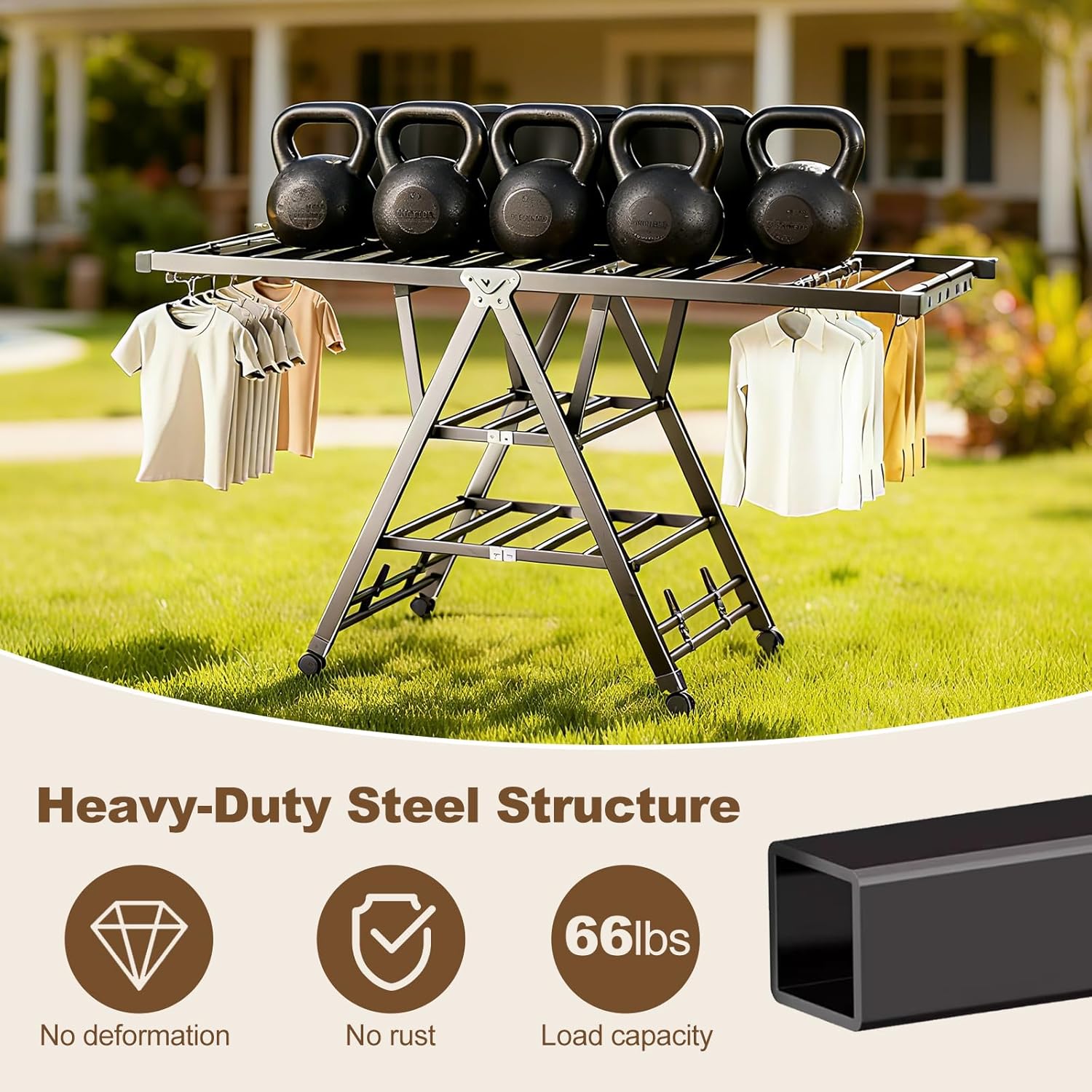 Heavy Duty 3-Tier Clothes Drying Rack with Wheels & Shoe Rack - Large 5.9ft Foldable Metal Laundry Stand, Portable Collapsible Clothing Hanger for Indoor Outdoor Use in Laundry Room