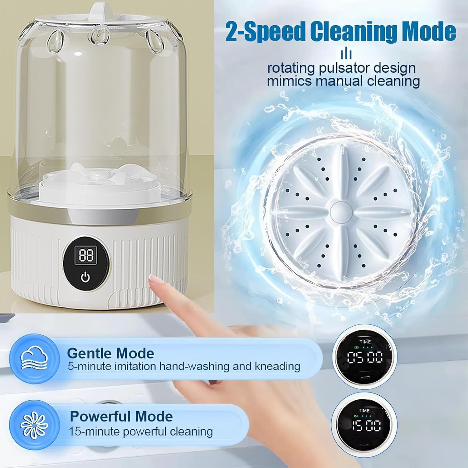 Cordless Portable Washing Machine for Delicates - 4000mAh Rechargeable Mini Washer with Gentle Cycle, Compact Laundry Solution for Bras/Underwear/Socks, Camping/RV/Dorms/Apartments (Blue)