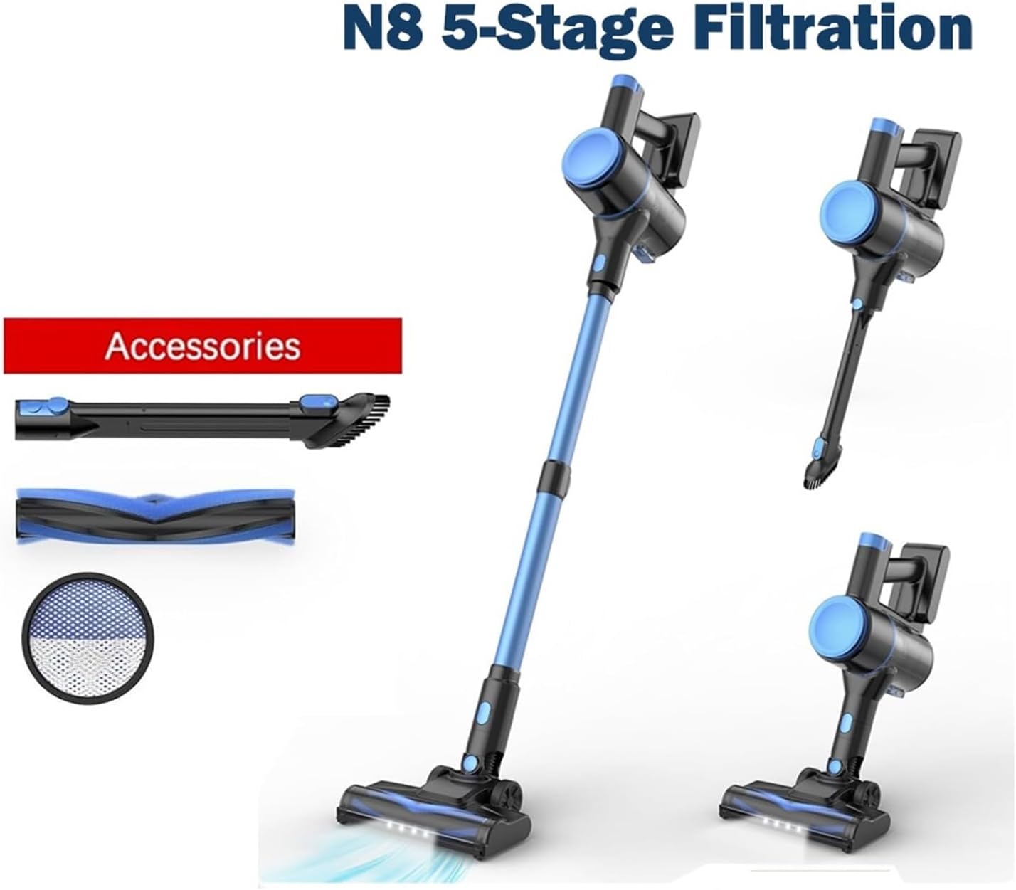 N8 Cordless Vacuum Cleaner | Powerful Suction | 2200mAh Battery | 40Mins Runtime | Lightweight Stick | Compatible With INSE(N8 Blue)
