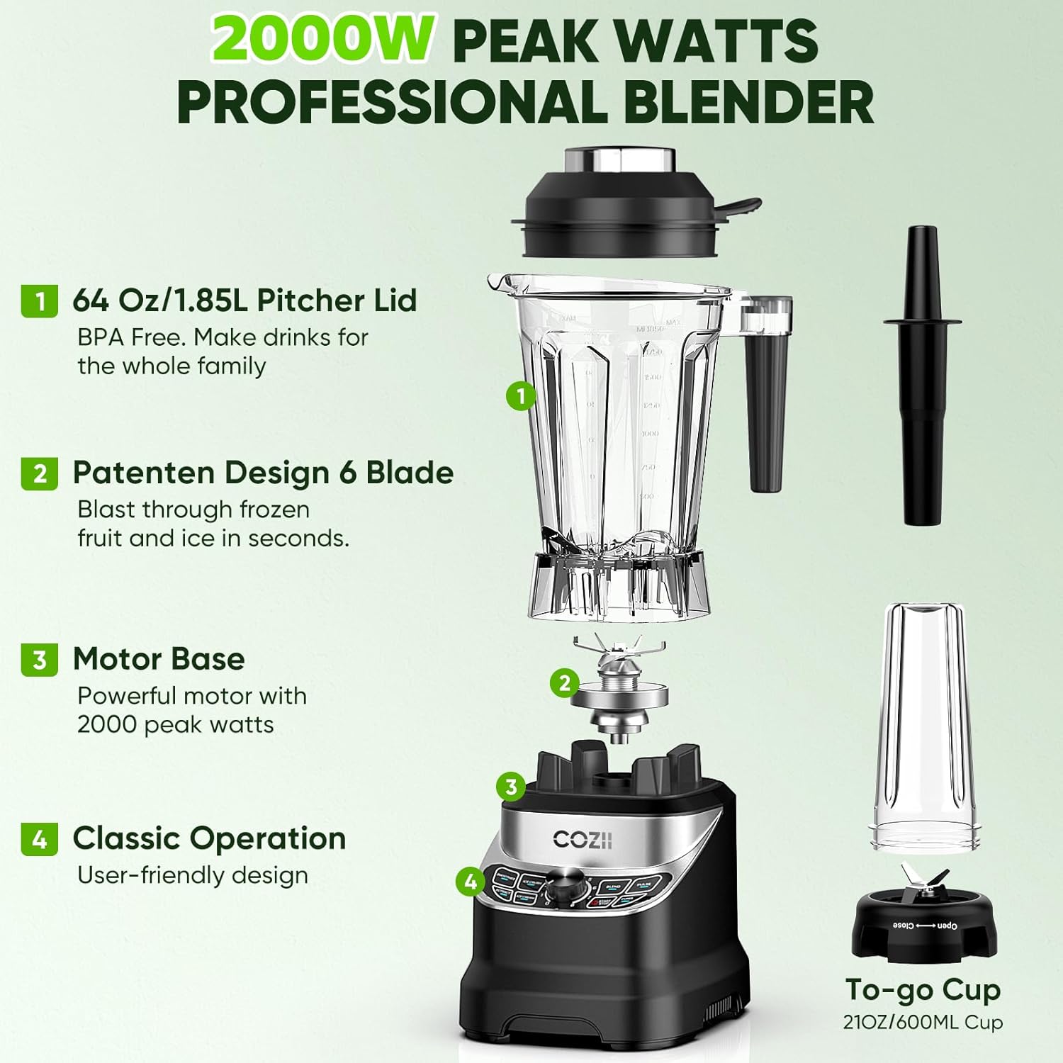 Professional Blender 2000W, Smoothie Countertop Blenders for Kitchen,7 Preset Programs for Ice Crush/Frozen Drinks/Dips/Nut Butter, High Speed, Dishwasher Safe (Dark)