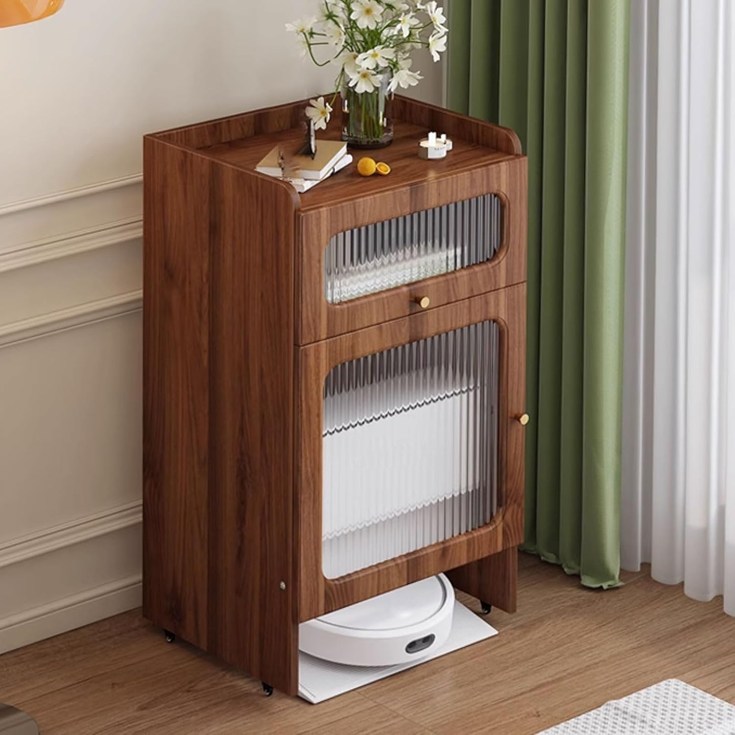 Storage Cabinet Movable Robot Vacuum Cabinet Solid Wood Particle Board and Glass Material with Wheels Hotel Apartment Sweeping Robot Organizer Shelf 3 Colors(Natural)