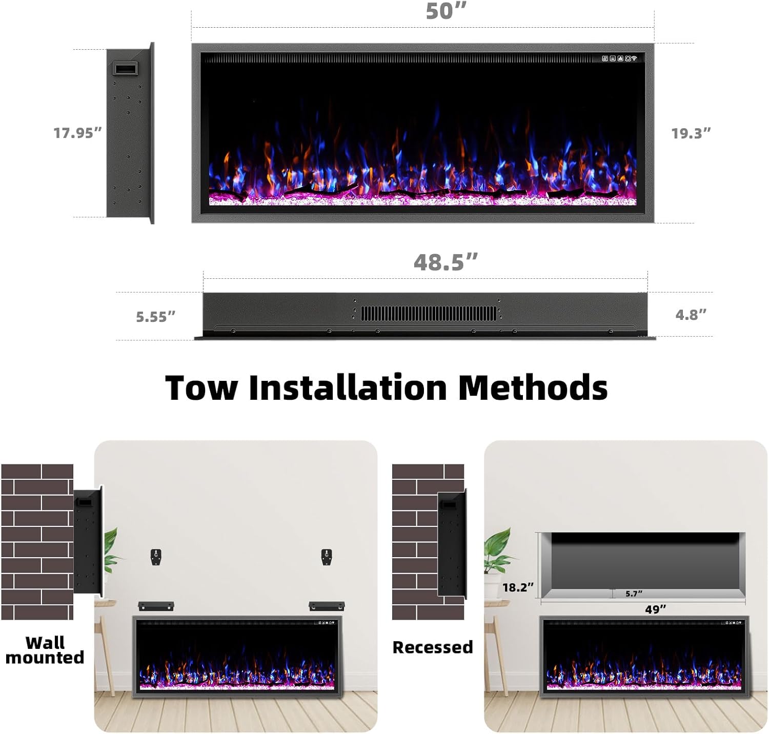 50 Inch Electric Fireplace Aluminum Frame-Ultra Silm Fireplace Recessed/Wall Mount, Log, Driftwood & Crystal Option, Wall Fireplace Electric w/Remote Control, Thermostat, Timer, 750w/1500w