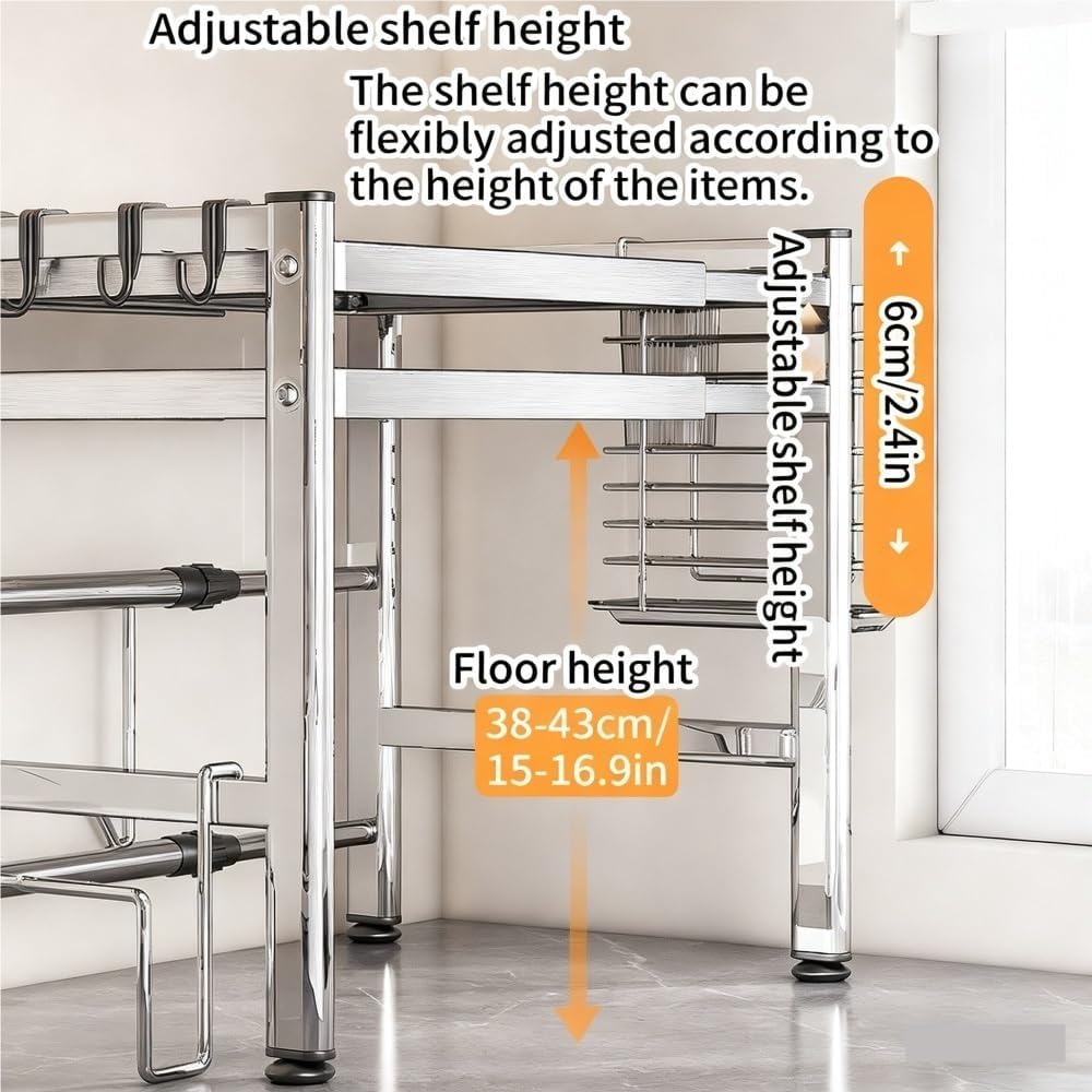 Adjustable Microwave Countertop Stand with Pull-Out Bottom Tray, Metal Microwave Oven Rack for Kitchen Counter Storage(Silver,29.8