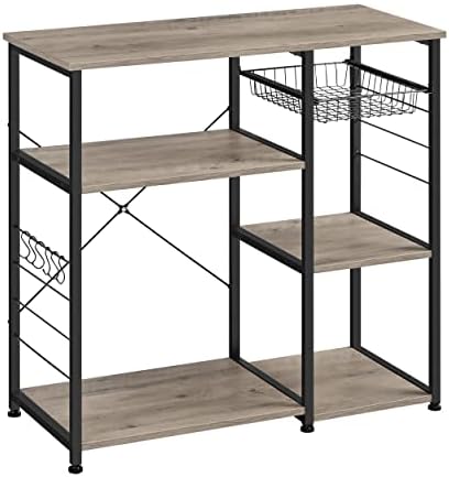VASAGLE ALINRU Kitchen Baker’s Rack, Coffee Bar, Microwave Oven Stand, with Steel Frame, Wire Basket, 6 Hooks, for Mini Oven, Spices Utensils, Industrial, Heather Greige and Ink Black UKKS090B02
