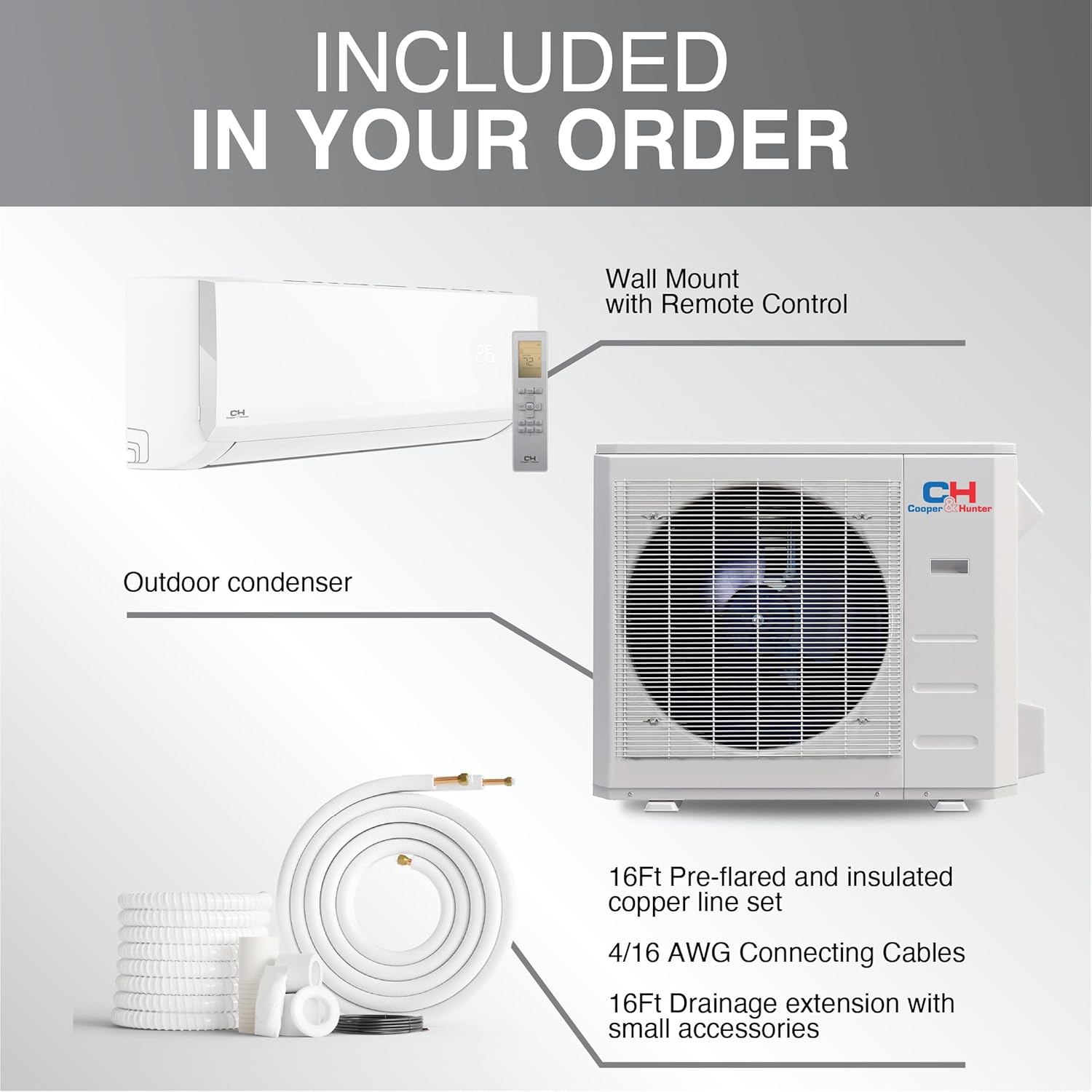 Cooper & Hunter 36,000 BTU 230V Single Zone Wall Mount Ductless Mini Split Air Conditioner & Heat Pump – 19.5 SEER2 – 25FT Installation Kit – Pre-Charged Inverter System
