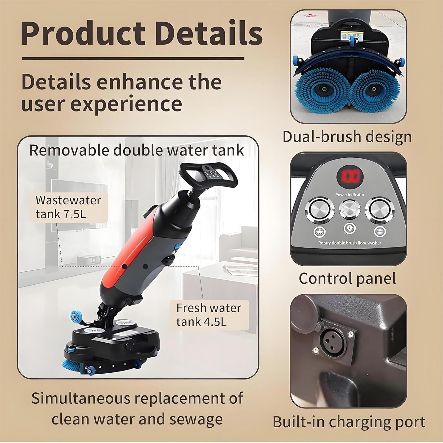 Commercial Floor Scrubber Machine With 2 Adjustable Brushes, Heavy Duty Cleaner Polisher And Buffer- Deep Cleaning Tile And Grout, Hardwood Floors And Carpets(Gray)