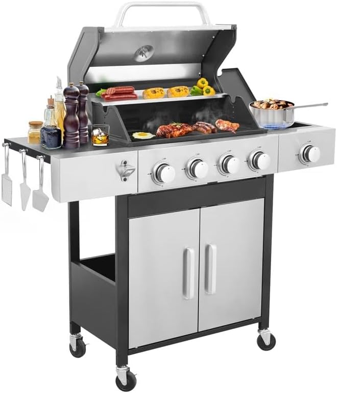 4-Burner Propane Gas Grill With Side Burner, 34,200 BTU Outdoor BBQ Grill with Stainless Steel Warming Rack & Enameled Cooking Grids – Foldable Side Tables, Built-in Thermometer – Heavy-Duty 6