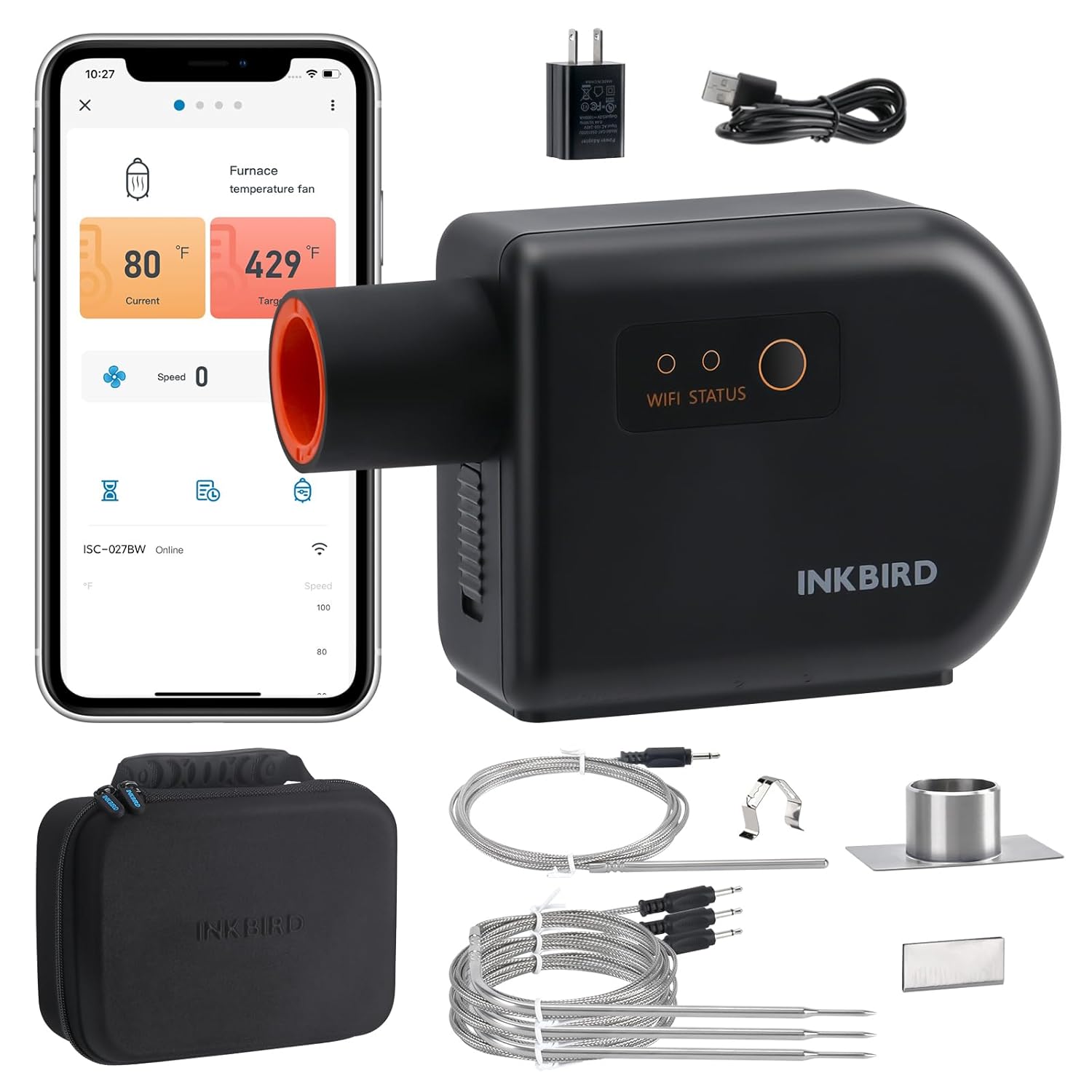 INKBIRD Wi-Fi and Bluetooth BBQ Temperature Controller, Automatic Smoker Fan Thermometer, with 4 Probes for Green Egg, Kamado Joe, Primo, Ceramic Grills, with 2 Size Adapters, Storage Carrying Case