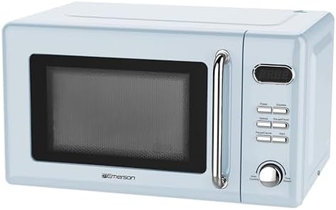 Emerson MWR7020BL Retro Compact Countertop Microwave Oven with Button Control, LED Display, 700W 5 Power Levels, 8 Auto Menus, Glass Turntable and Child Safe Lock, 0.7, Thunderbird Blue