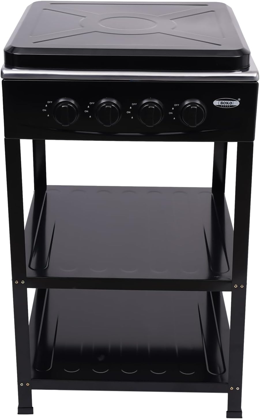 Propane Stove Stand, 4 Burner 2.5KW Grill Natural Gas Cooker, Portable Outdoor Gas Stove for RV with Stainless Steel 2 Tier Storage Rack for Most Flat-bottomed Pots and Pans Black
