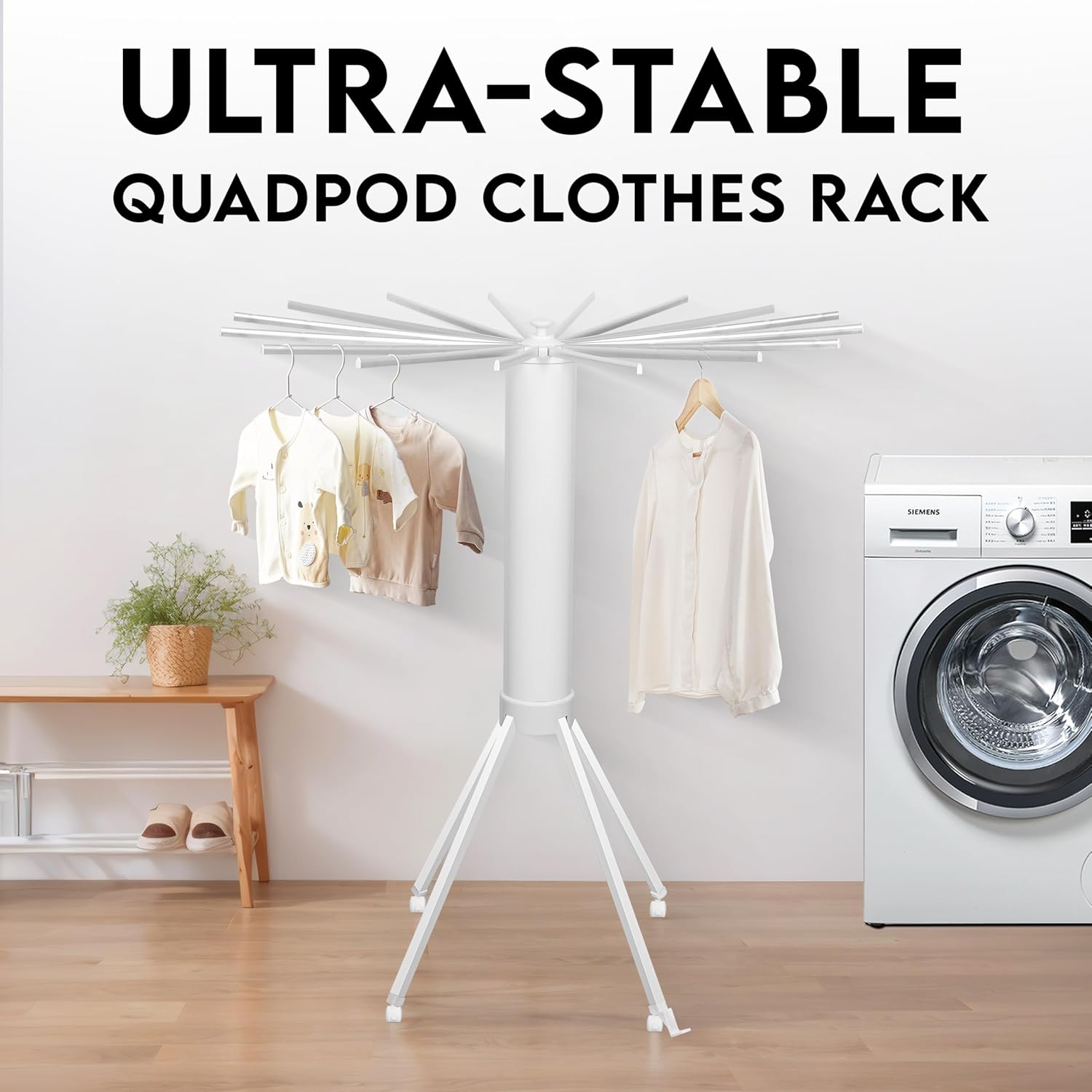 Tripod Modern Clothes Drying Rack, 16 Rods Foldable Drying Rack Clothing for Laundry, 4 Leg with Wheels Collapsible Portable Dryers for Indoor &Outdoor, White & Sliver