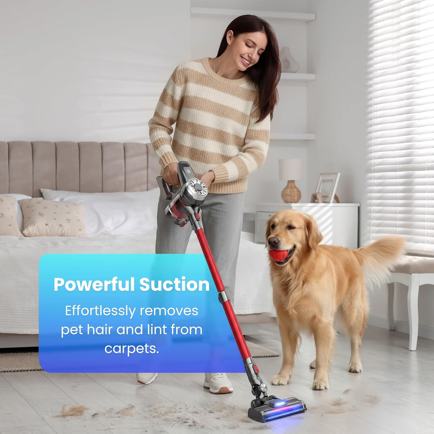 Cordless Stick Vacuum, Red, 45 Min Runtime, LED Headlights, 2-Speed, Telescopic Tube with Main Vacuum Brush, Crevice Tool, dust Brush, Removable-Rechargeable Battery Pack with Charging Cord