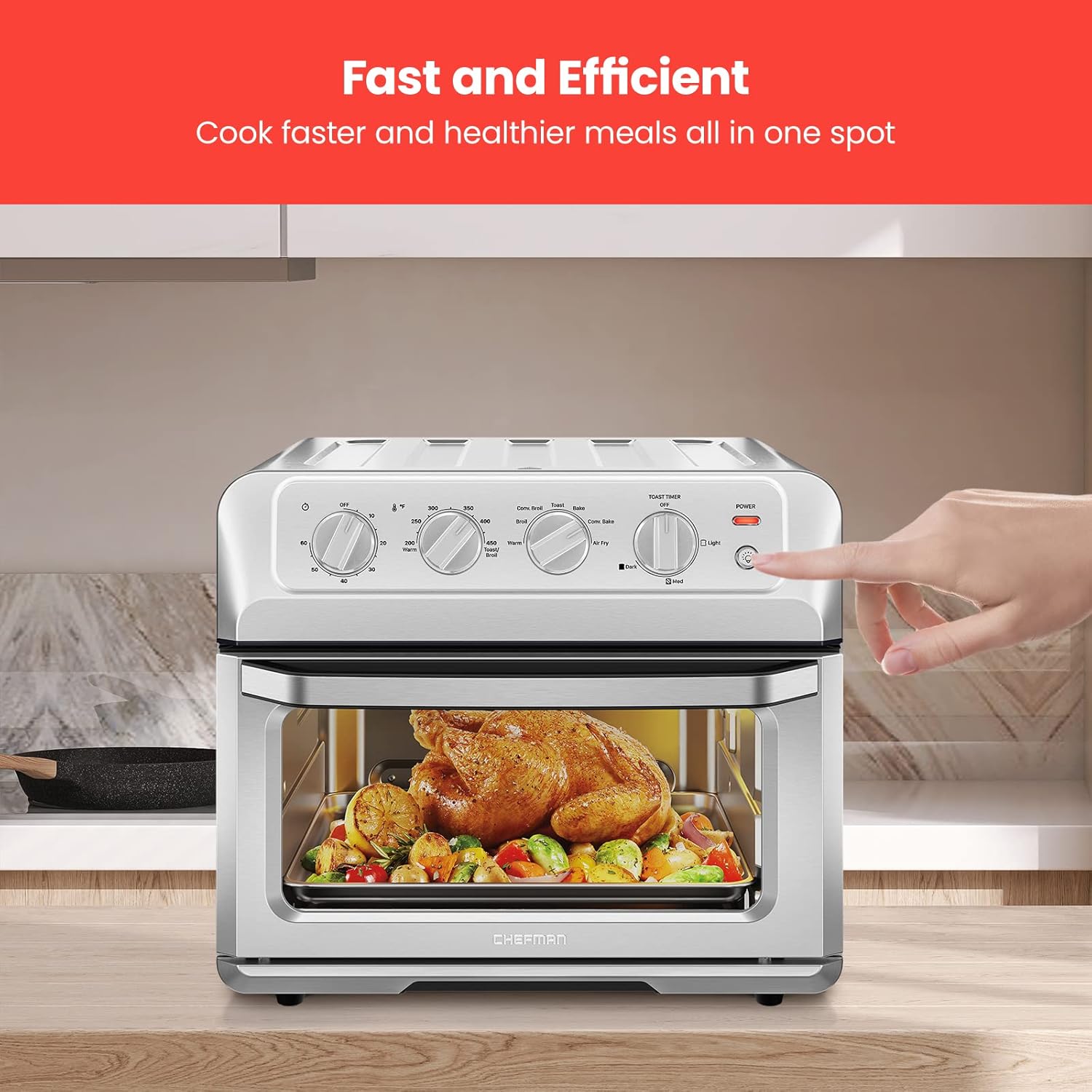 Chefman Air Fryer Toaster Oven Combo, 7-In-1 Convection Countertop 20 Qt fryer, Cook a 10 Inch Pizza, Fry 2 lb. of Chicken Wings, Toast, Broil, Auto Shutoff, Stainless