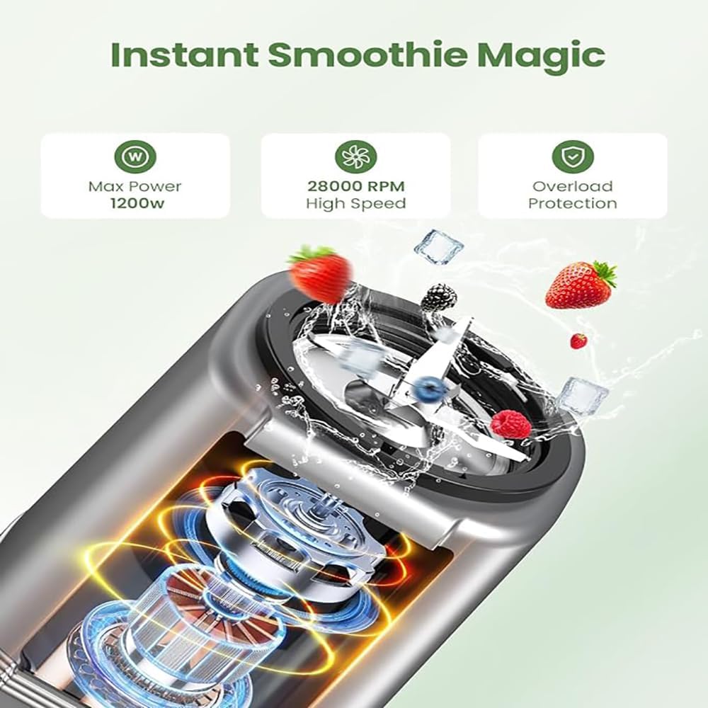 1200W High-Power Personal Blender for Shakes and Smoothies – VEWIOR Compact Blender with 6 Stainless Steel Blades, 22oz BPA-Free To-Go Cups, 3 Speed Modes (Grey)