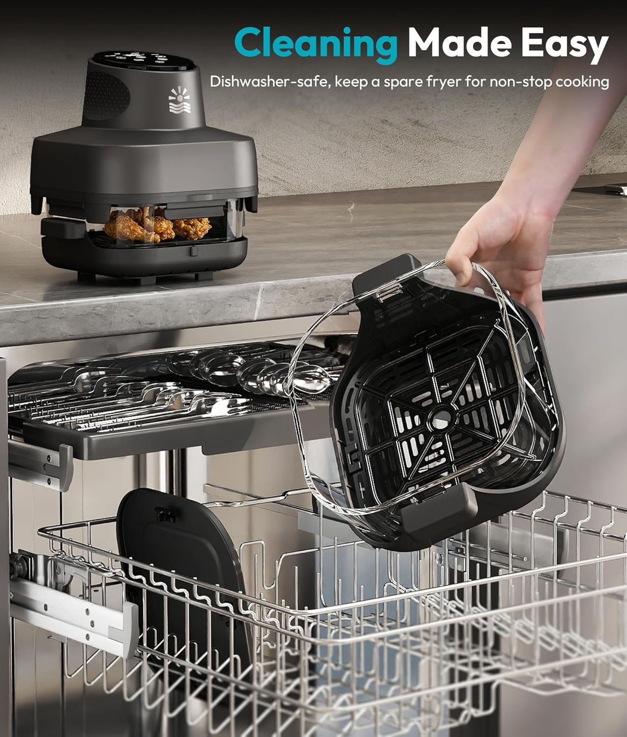 Portable Glass Air Fryer - 1500W, 4.2 QT & 6-Cup Dual Glass Containers with Lids, 4-in-1, 60 Min Timer, 140°F-400°F Adjustable, Microwave, Freezer & Dishwasher Safe, Grey