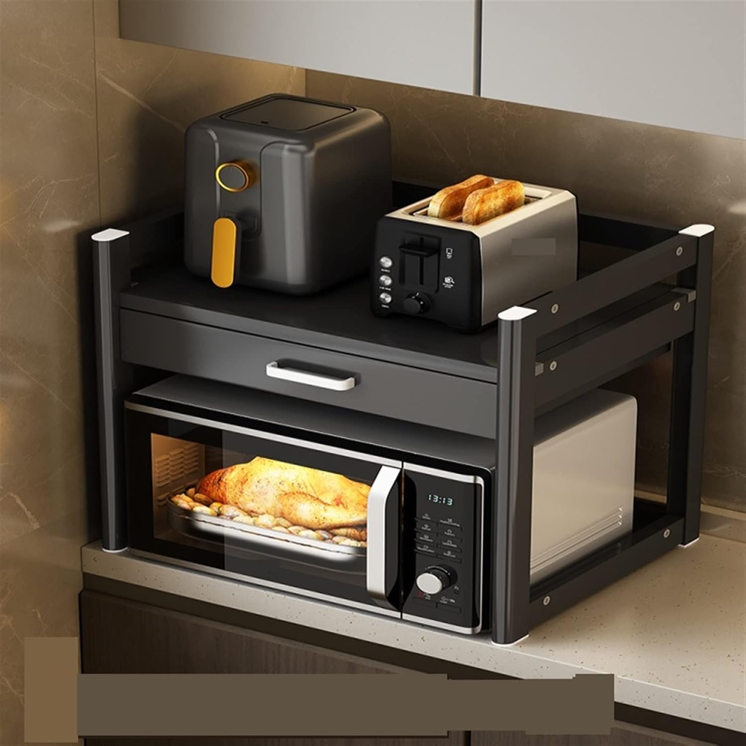 GRFIT Kitchen Storage Cabinets Space Aluminum Kitchen Microwave Storage Rack, Stove Top, Air Fryer, Small Household Appliance Storage Rack with Drawers, Double Layer Kitchen Shelves (Color : Brass)