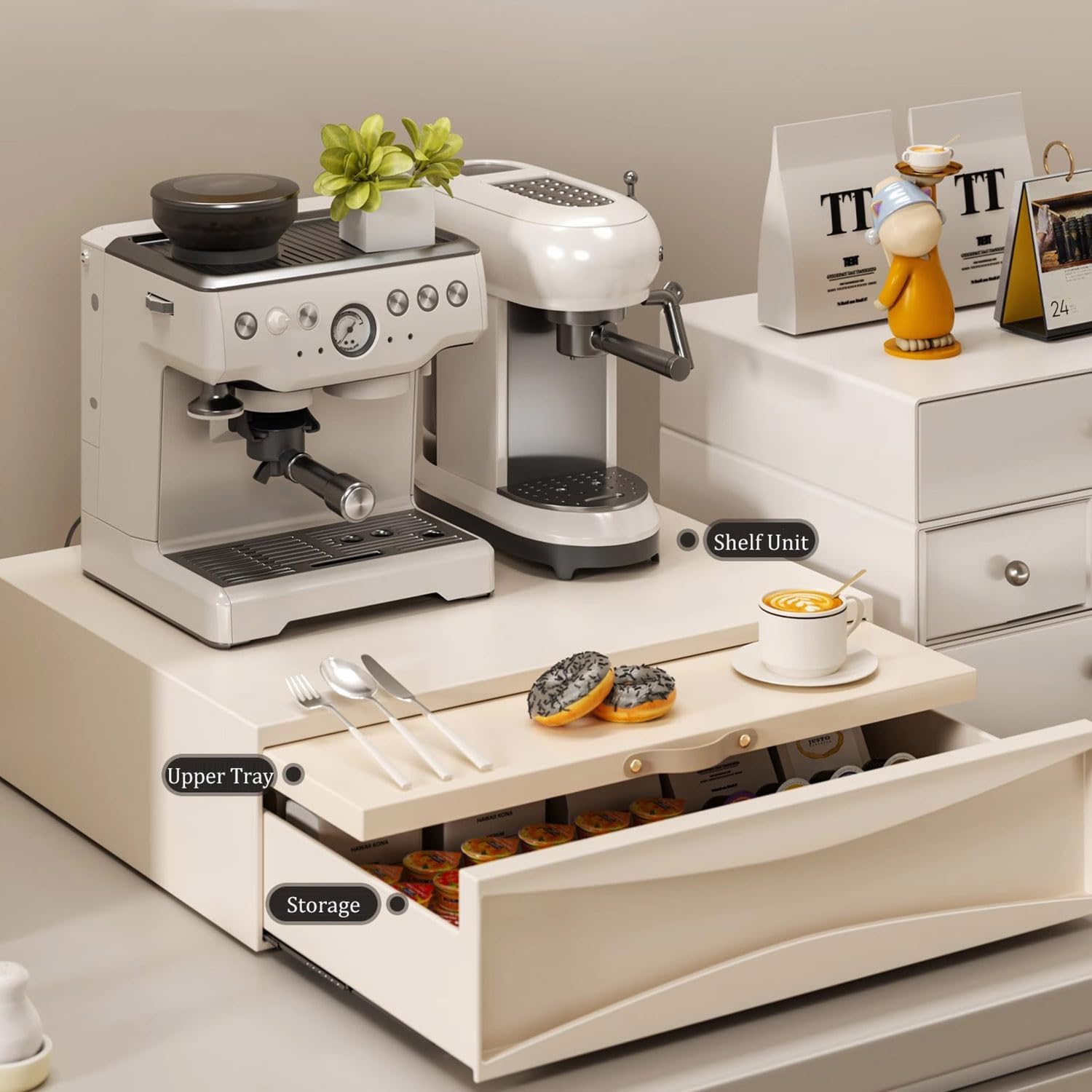 Sliding Countertop Tray with Drawer, Carbon Steel Organizer Shelf, Kitchen Microwave Oven Pull Out Organizers, 18.9 x 15.8 x 5.7in, Milky White (Tray and Drawer)