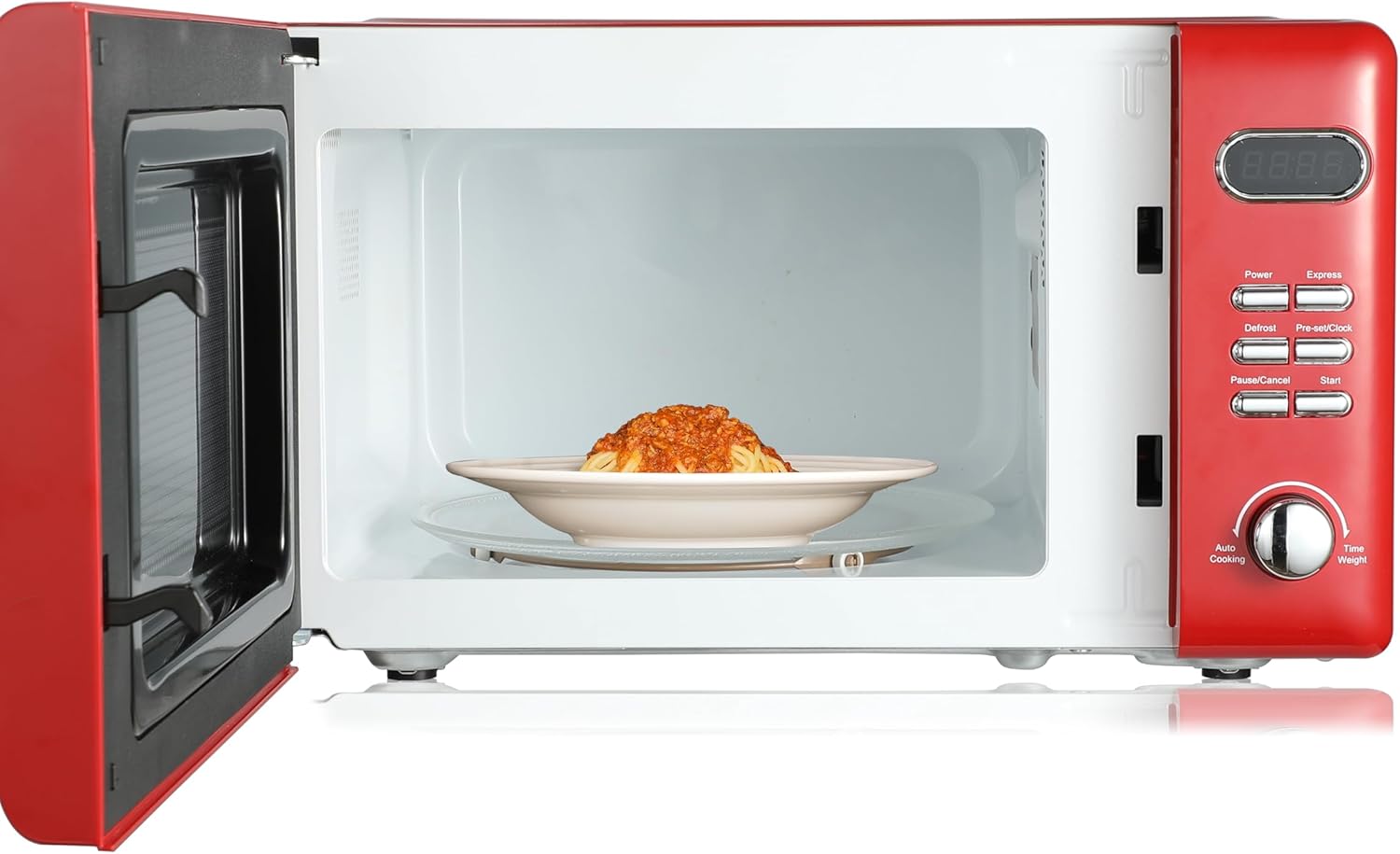 Emerson MWR7020RD Retro Compact Countertop Microwave Oven with Button Control, LED Display, 700W 5 Power Levels, 8 Auto Menus, Glass Turntable and Child Safe Lock, 0.7, Retro Red