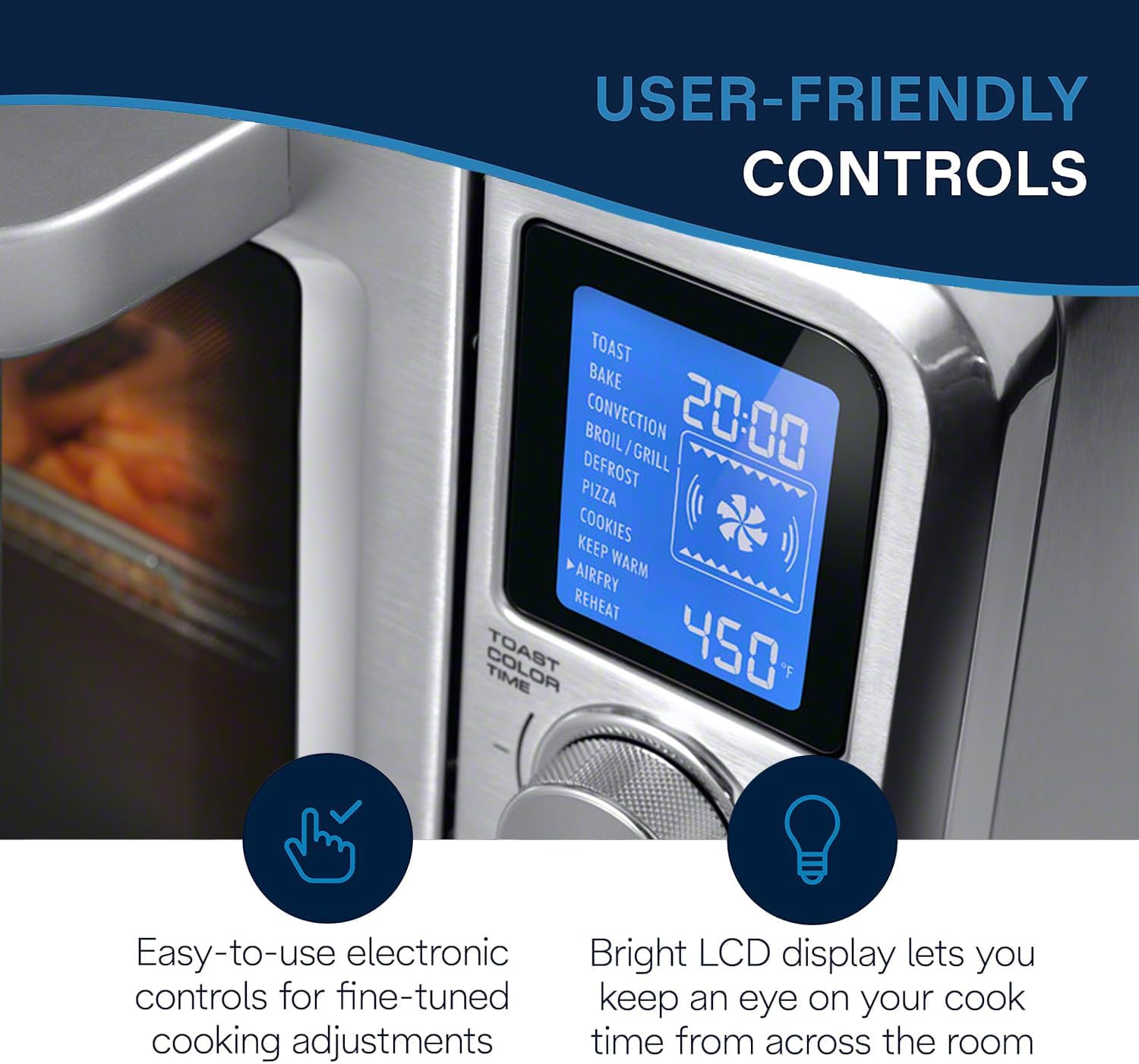 De'Longhi 10-in-1 Digital AirFryer, 24L, True Convection Toaster Oven with Internal Light, Grills, Broils, Bakes, Roasts, Reheats, Preset for Cookie & Pizza, 1800-Watts, Stainless Steel