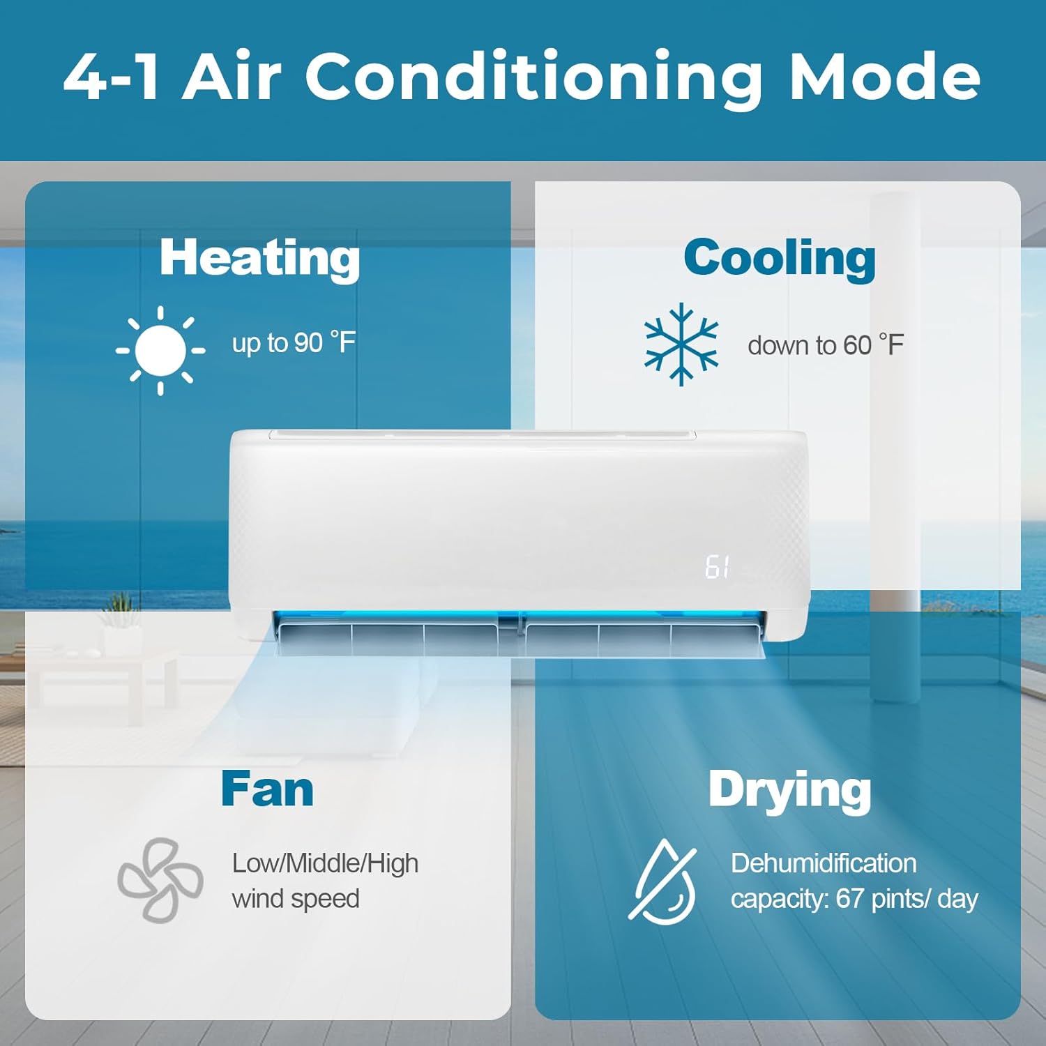 KOTEK 18000 BTU Mini Split AC/Heating System, Energy Star 21 SEER2 Inverter Ductless AC Unit, Cool Up to 1250 Sq.Ft, Air Conditioner w/1.5 Ton Heat Pump/Installation Kit(18000 BTU, 208-230V, 21 SEER2)