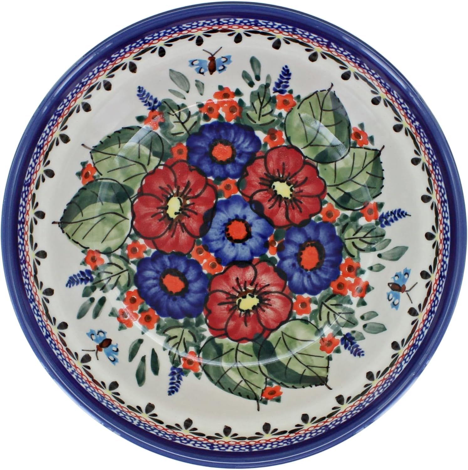Blue Rose Polish Pottery - Red Floral Butterfly Cereal/Soup Bowl - 6.7