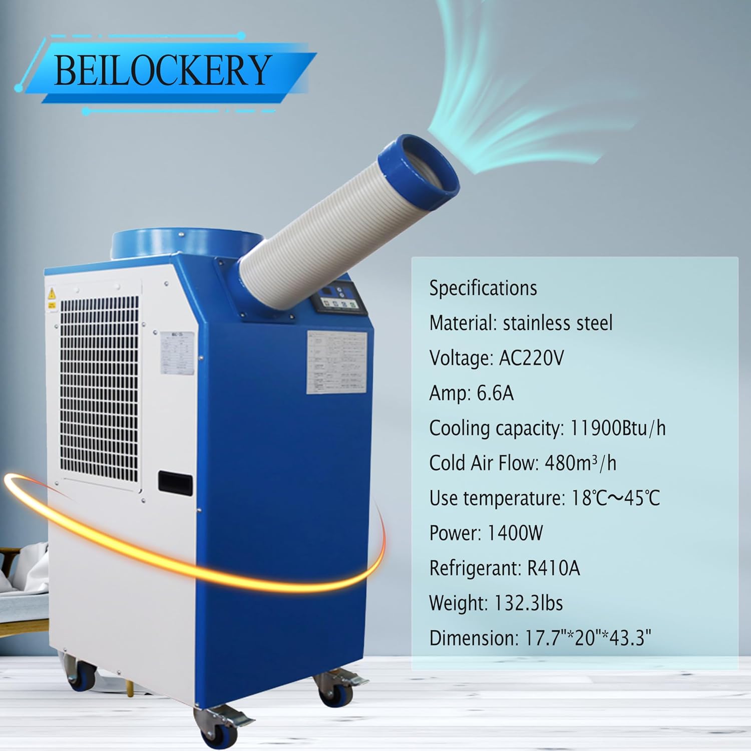 Industrial Portable Air Conditioner with Wheels 14L Large Tank Commercial Spot Cooler Adjustable Air Outlet Ideal for Hospitals Workshops Outdoor Events 220V 1.4KW