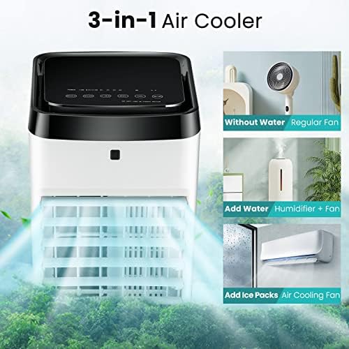 GOFLAME Evaporative Air Cooler Portable, 3-in-1 Humidifying Cooling Fan with Remote, 3.5L Water Tank, 2 Ice Packs, 4 Wind Modes, 3 Speeds & 12H Timer, 70° Oscillation Swamp Cooler for Home Office