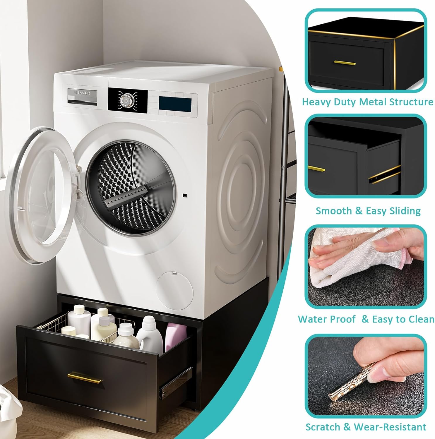 2 Pack Laundry Pedestal with Drawers, Metal Washer Dryer Pedestal Set of 2, 16''H 880 LBS Metal Heavy Duty Laundry Stand, Washer Dryer Pedestal Stand base with Drawer Storage- Black