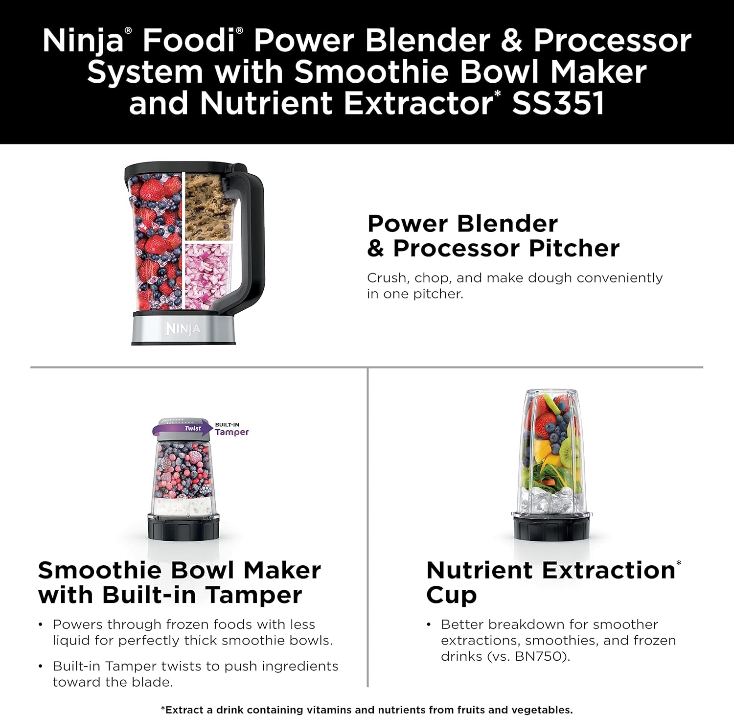 Ninja Foodi Power Blender & Processor System with Smoothie Bowl Maker and Nutrient Extractor, Black/Silver (SS351C) - Canadian Edition 72oz