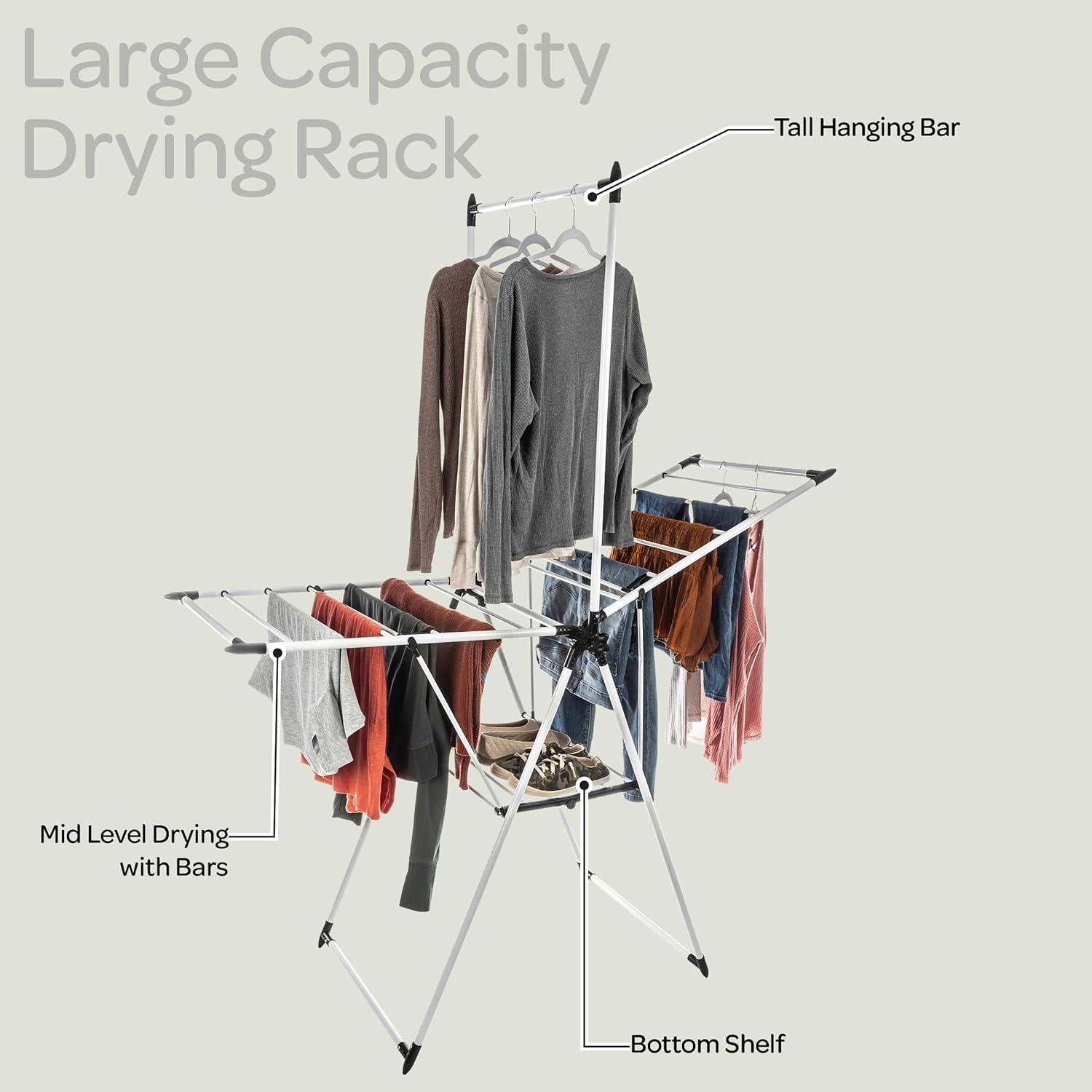 Clothes Drying Rack - 2-Level Laundry Drying Rack with 24 Drying Rails, Hanging Bar, and 2 Height-Adjustable Wings - Indoor/Outdoor Foldable Drying Rack by Home-Complete (White)