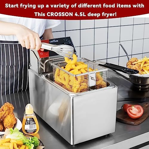 CROSSON 10Lbs Electric Countertop Deep Fryer with Easy Clean Rotary fryer head,30 Minitues Timer,Removable 304 SS Oil Tank with Handle,4.5L Deep Fryer With Basket for Home Use