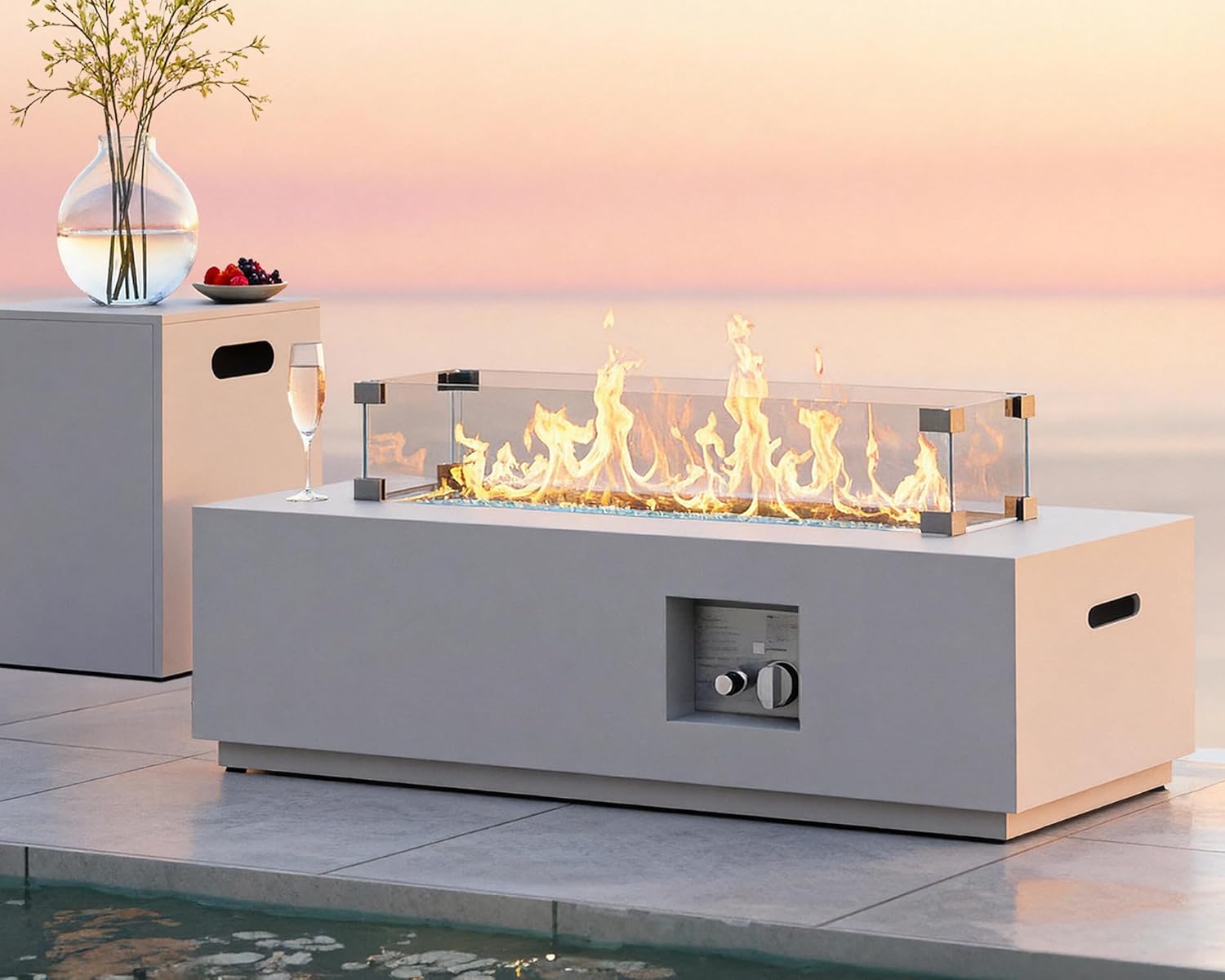 RADIATA 42” Rectangle Propane/Natural Gas Fire Pit for Outside Patio, Elegant Minimalist Lowprofile Firepit Table with Tank Table Long Large, 50000BTU Durable Sturdy Fireplace for Outside, Urban White